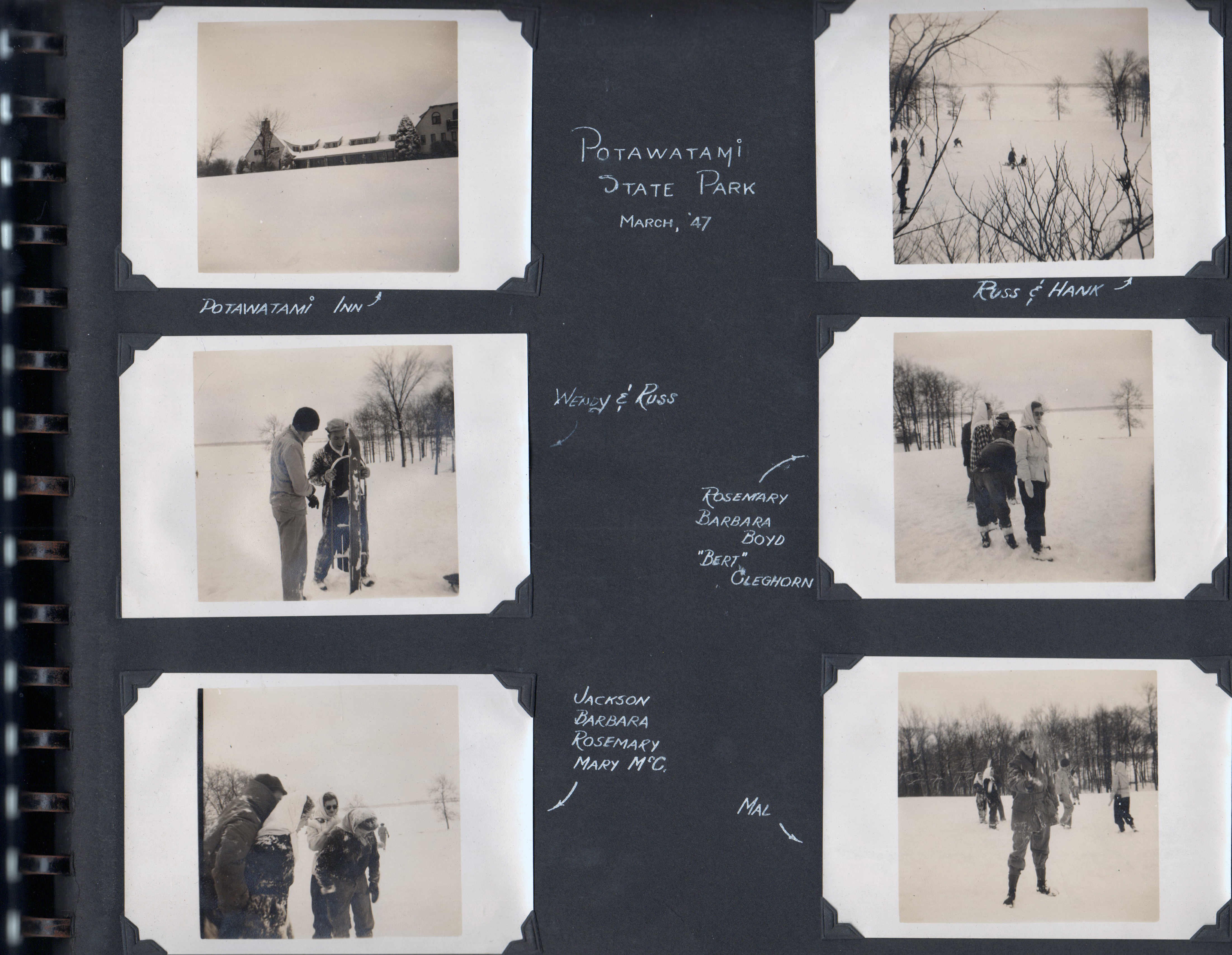 Potawatami State Park - March '47. Potawatami Inn. Wendy & Russ. Jackson, Barbara, Rosemary, Mary McC. Russ & Hank. Rosemary, Barbara Boyd, Bert Cleghorn. Mal (Walker)