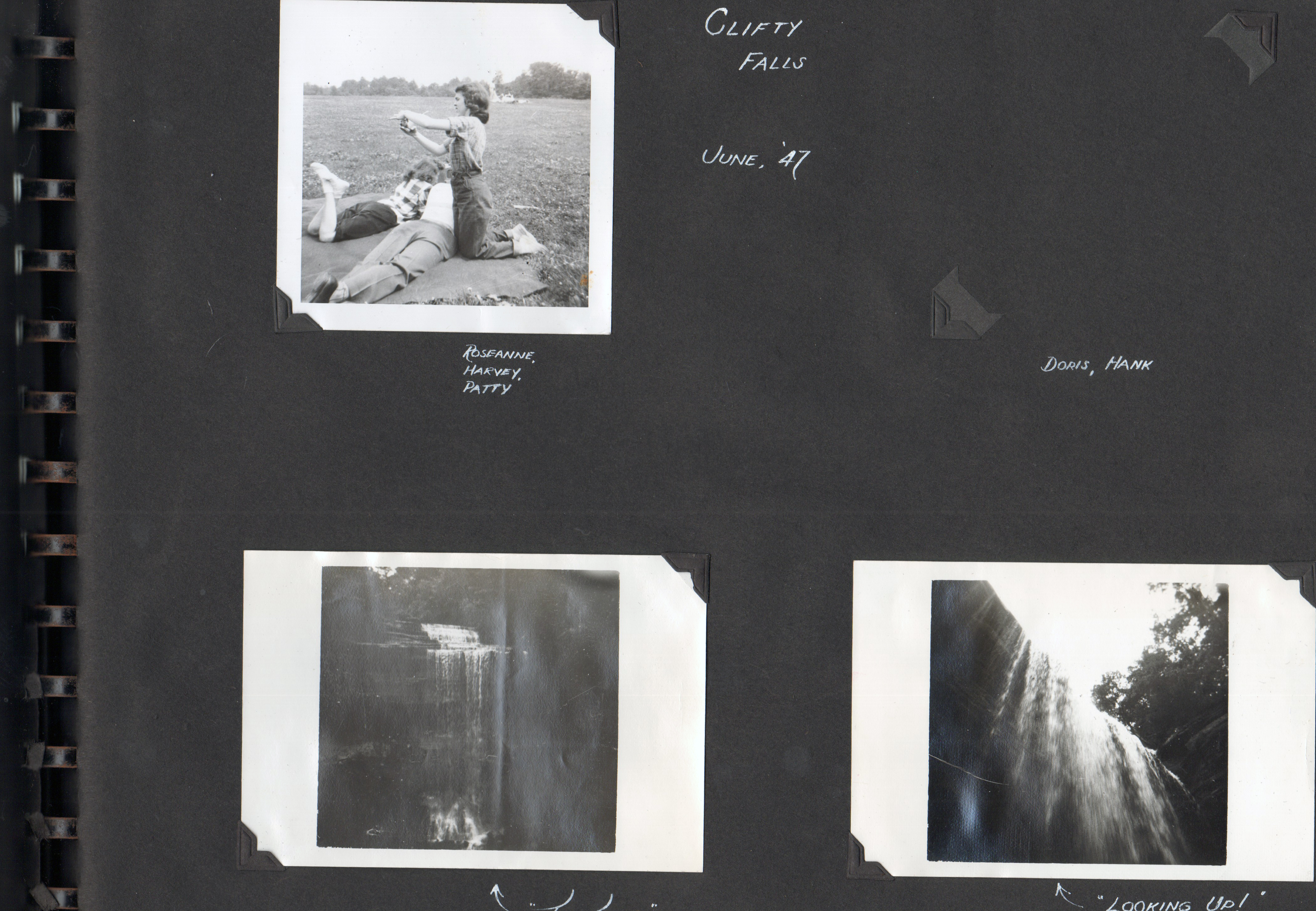 Clifty Falls - June '47. Roseanne, Harvey, Patty. Looking up.