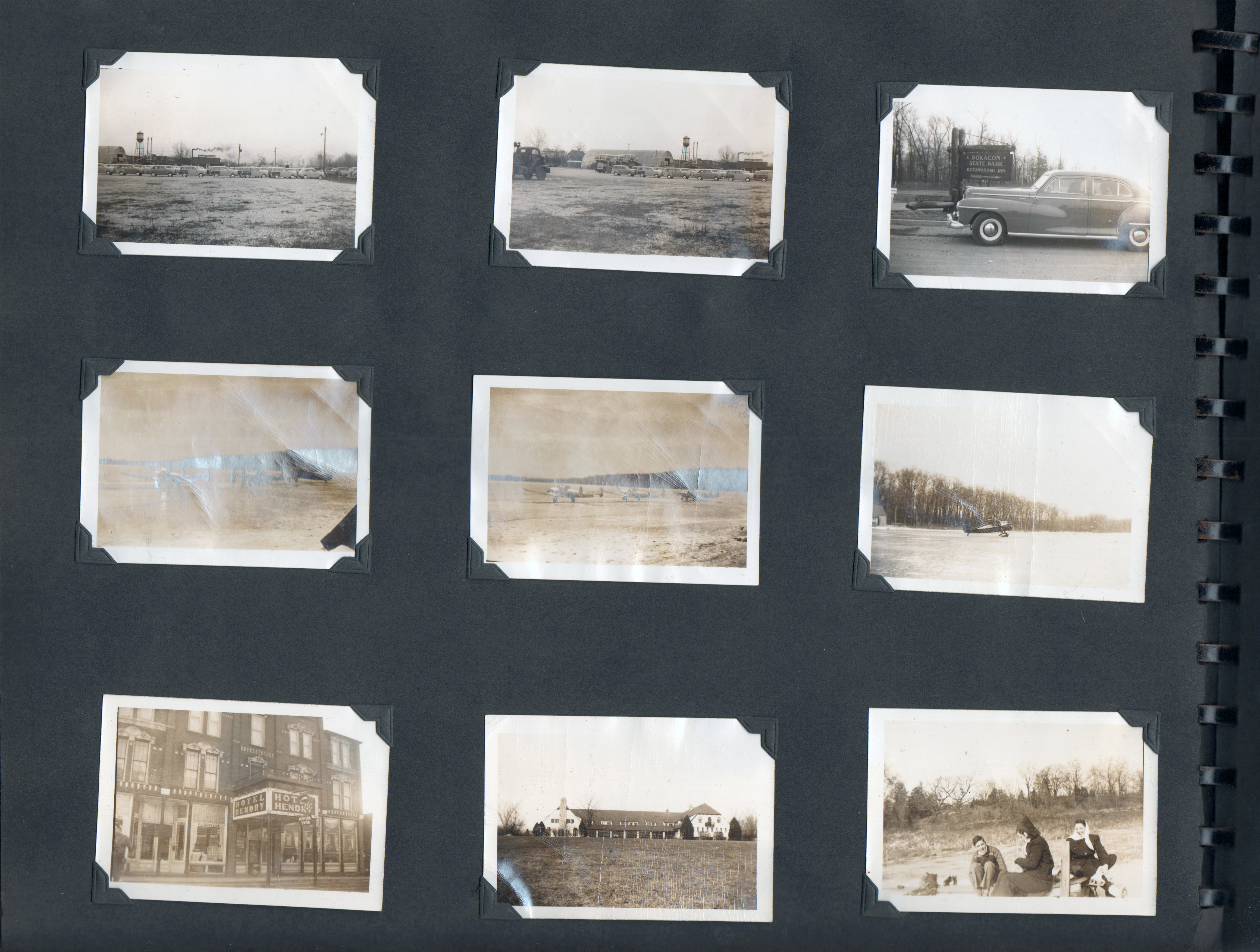 (cars. Pokagon sign. Hotel Hendry - Angola. Potawatami Lodge. John Rosemary and ??? ice skating)