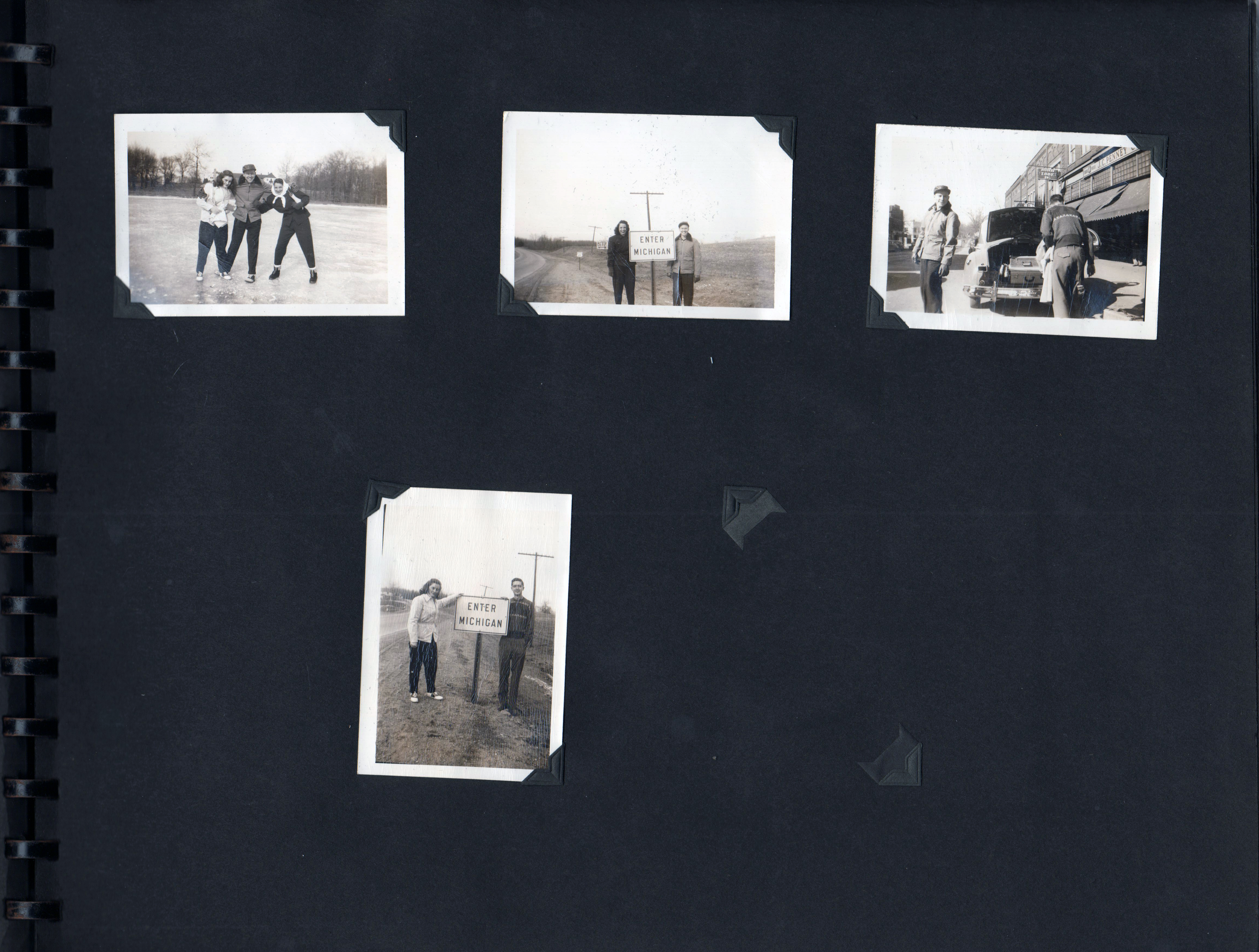 (Rosemary and two others on ice. Enter Michigan sign on IN 27. Loading car IOOF and JC Penney. Rosemary and John Enter Michigan sign.)