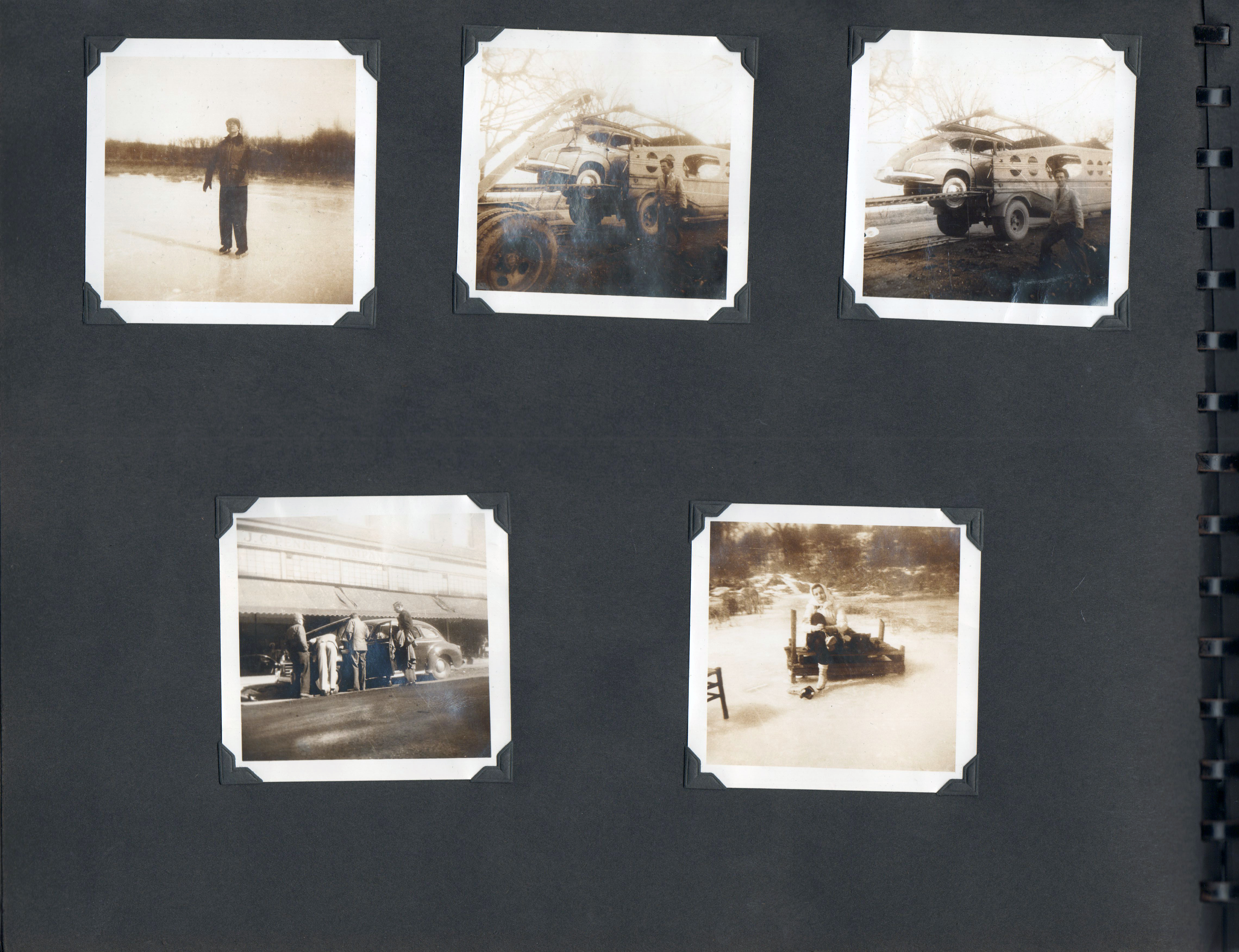 (car loaded onto carrier. broken down car in front of JC Penney. Rosemary ice skates