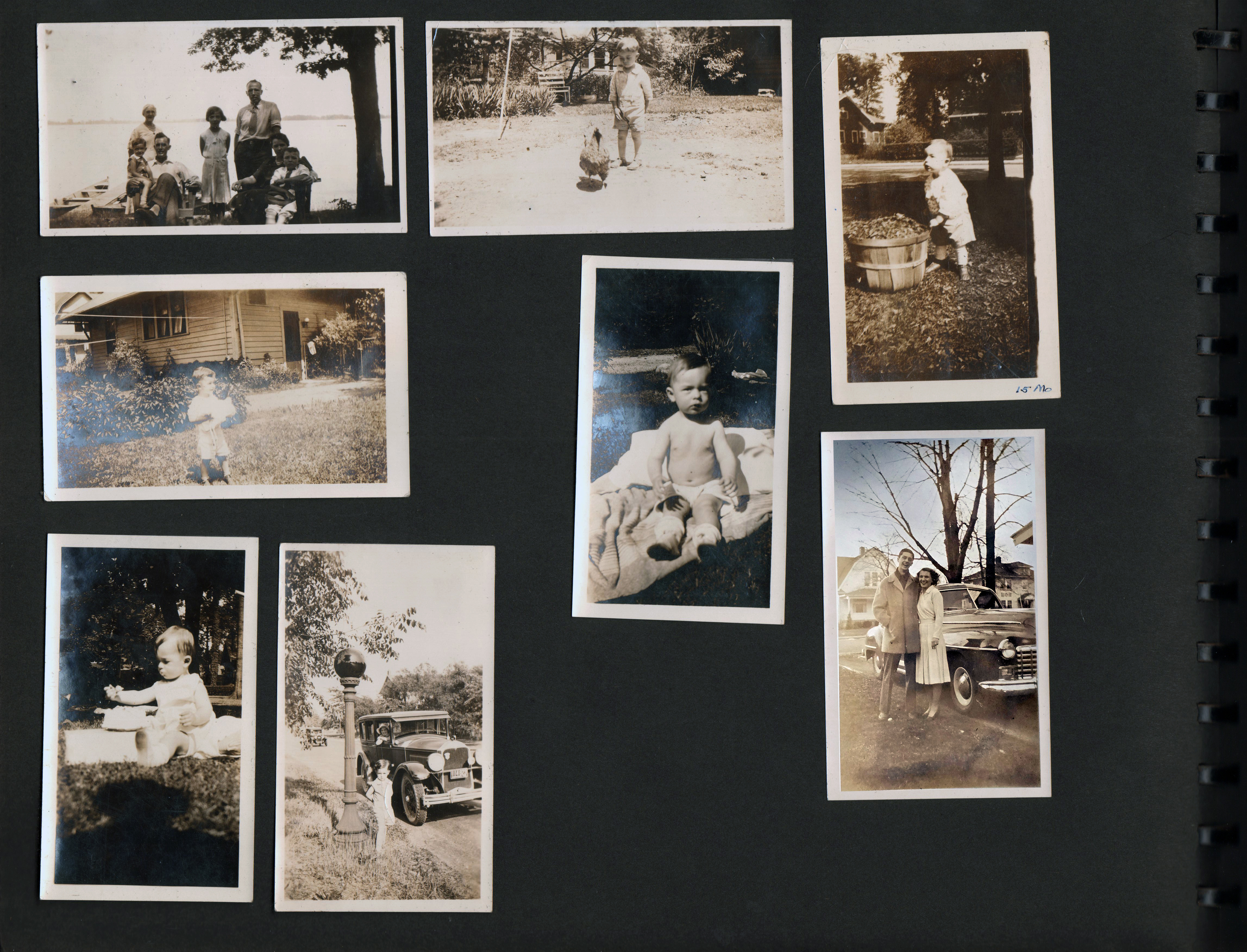 (lake - Girstle and John and unknown group. 6122 John behind house with chicken. John and woman in driveway at 6131 Carrollton. John 3 at pole with Helen in car.)