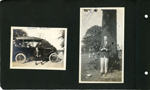 Russell Roberts sitting on running board of car. Mr Bormer? L.S. Ayres Cr. Mgr.