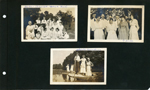 Group of women all in white - Edith - center back row. Edith poling a boat.