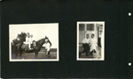 children on horse led by man.  Lowell and Nitha Wadsworth sitting on front steps.