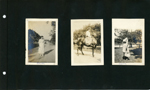 Edith standing in road. Woman on horse. Edith in yard.