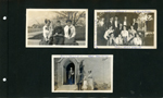 looks like Edith, Edna with a boy. Eatons - Minnie (Frank's wife), Lynn (son), Vernet (son), John E, Nora Eaton Hague (Frank's sister), Frank Eaton. Rev Krauses - John E Hague standing in doorway.
