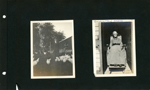 Tom Hague on farm with chickens. Grandmother (Tom) Hague (Elizabeth Fisher) in wheelchair in doorway.
