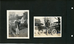 looks like woman with shotgun. John E Hague and Girstle repairing car tire in front the 96th Street house. 
