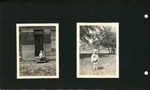 young boy standing at front door of house and in yard.