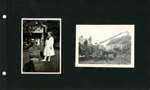 girl by planter in yard. Tom Hague and men working on farm - hay pile and horse.