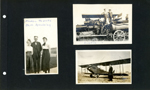 Mabel Roberts, man, Edith Spaulding. Girstle and John E on farm machinery. man with biplane.