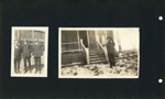 three men in suits by building. Man with dog by house steps.