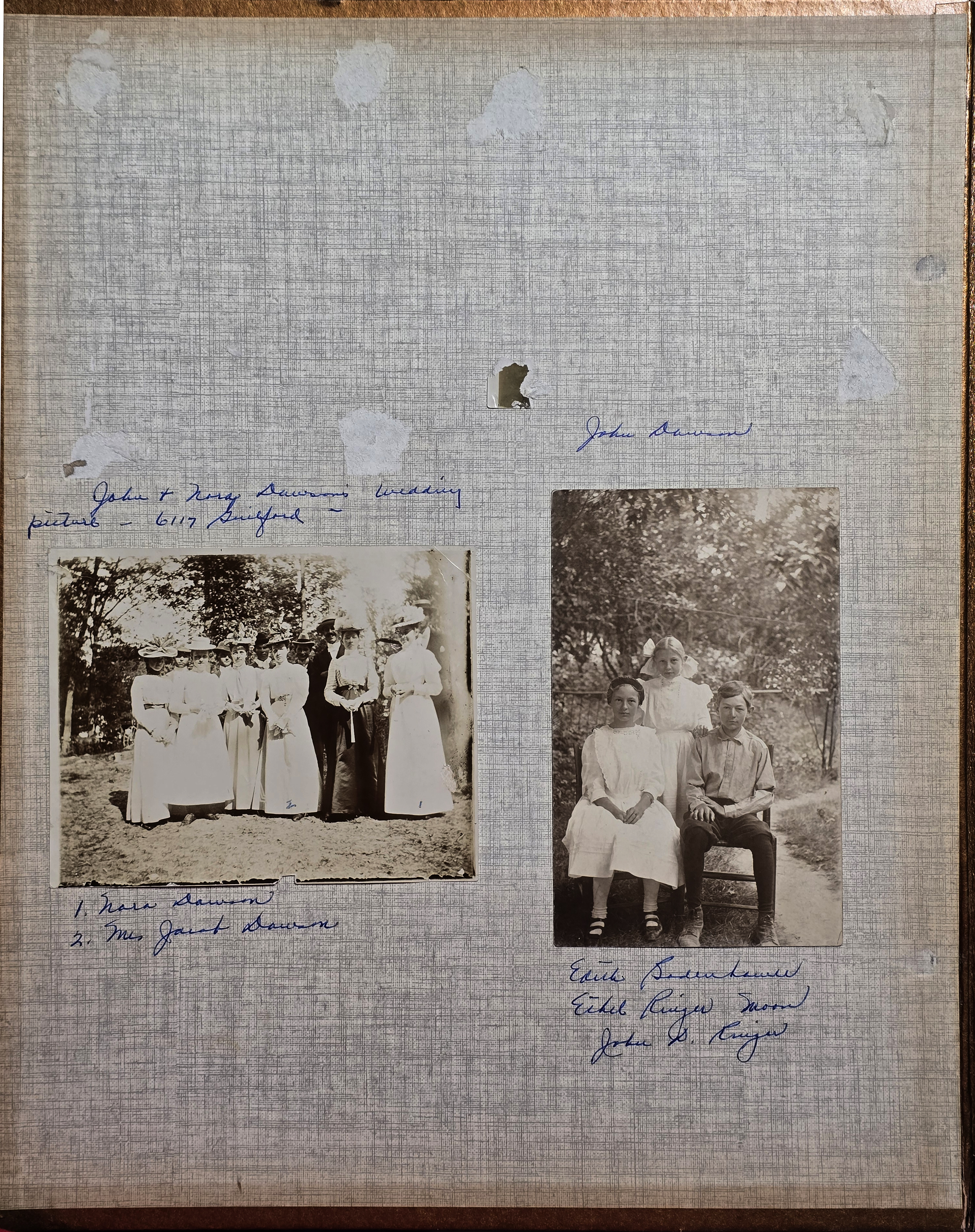 John + Nora Dawson's wedding picture - 6117 Guilford. 1. Nora Dawson 2. Mrs Janet Dawson. Edith Bodenhamer, Ethel Ringer Moon, John D. Ringer