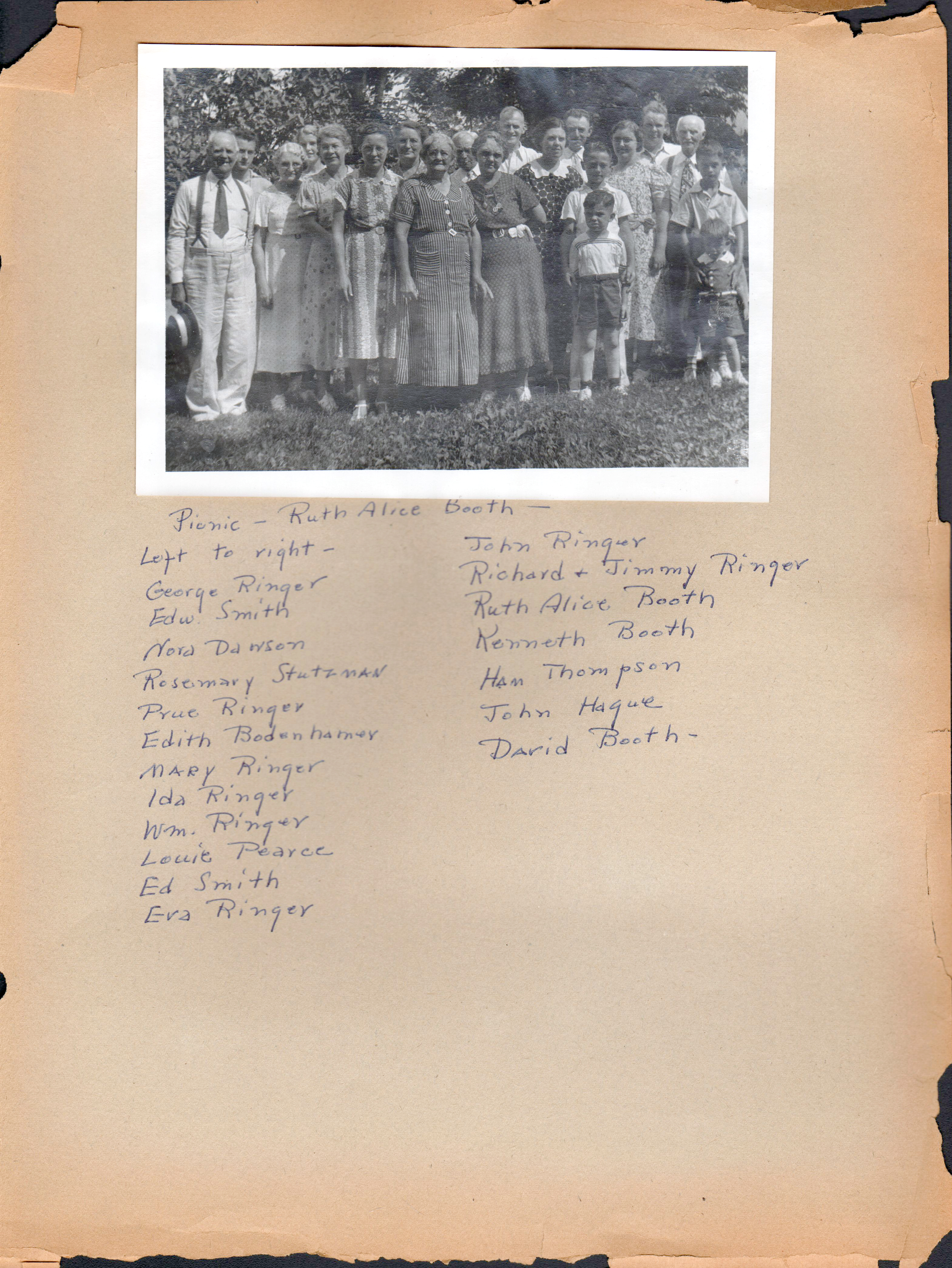Picnic (1936?) - Ruth Alice Booth - L-R George Ringer, Edw Smith, Nora Dawson, Rosemary Stutzman, Prue Ringer, Edith Bodenhamer, Mary Ringer, Ida Ringer, Wm Ringer, Louise Pearce, Ed Smith, Eva Ringer, Jon Ringer, Richard + Jimmy Ringer, Ruth Alice Booth, Kenneth Booth, Ham Thompson. John Hague, David Booth