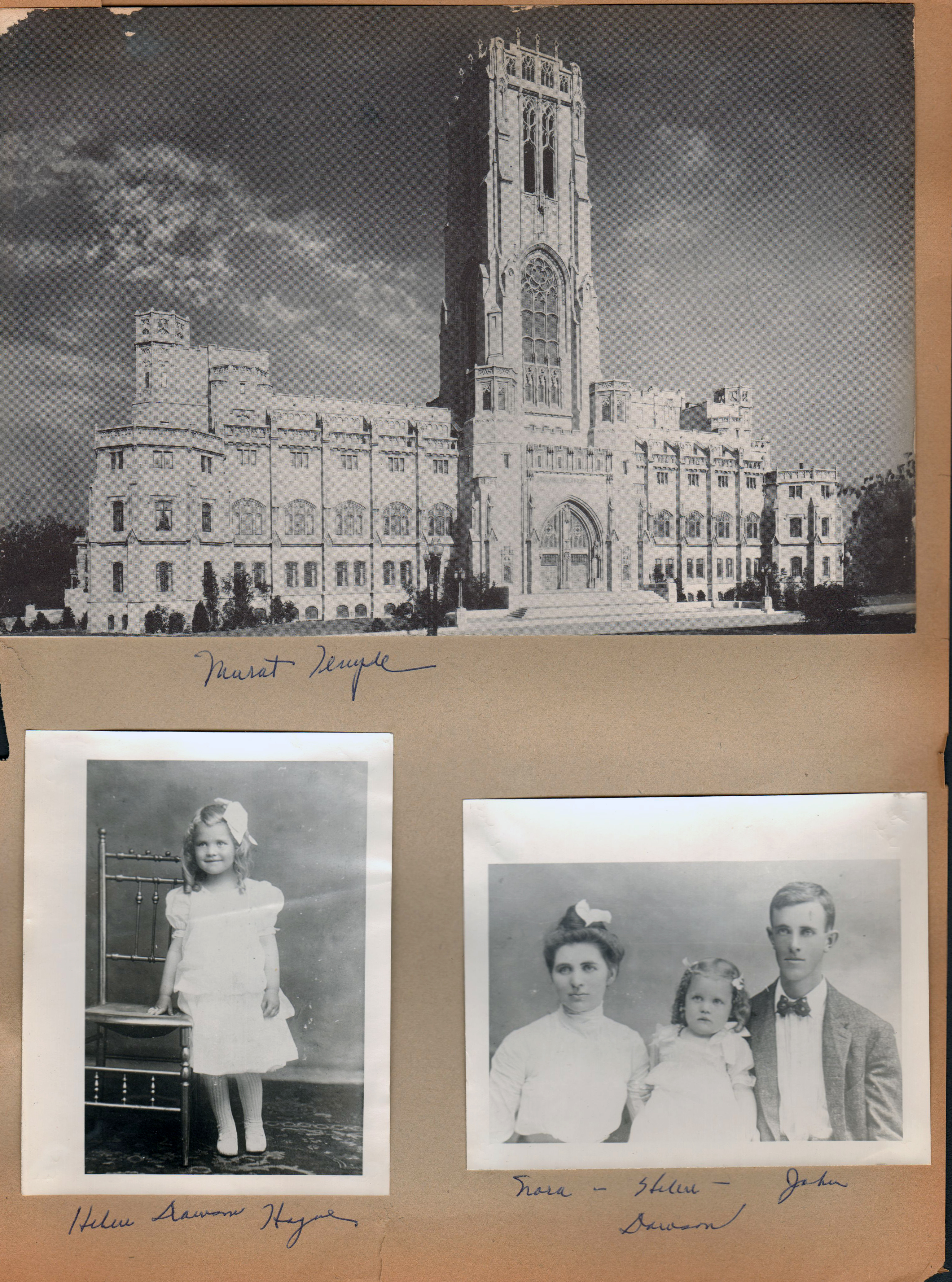 postcard - Murat Temple (downtown Indy). Portraits - Helen Dawson Hague (around 1904 Helen Irene Dawson). Nora - Helen - John Dawson (around 1902)