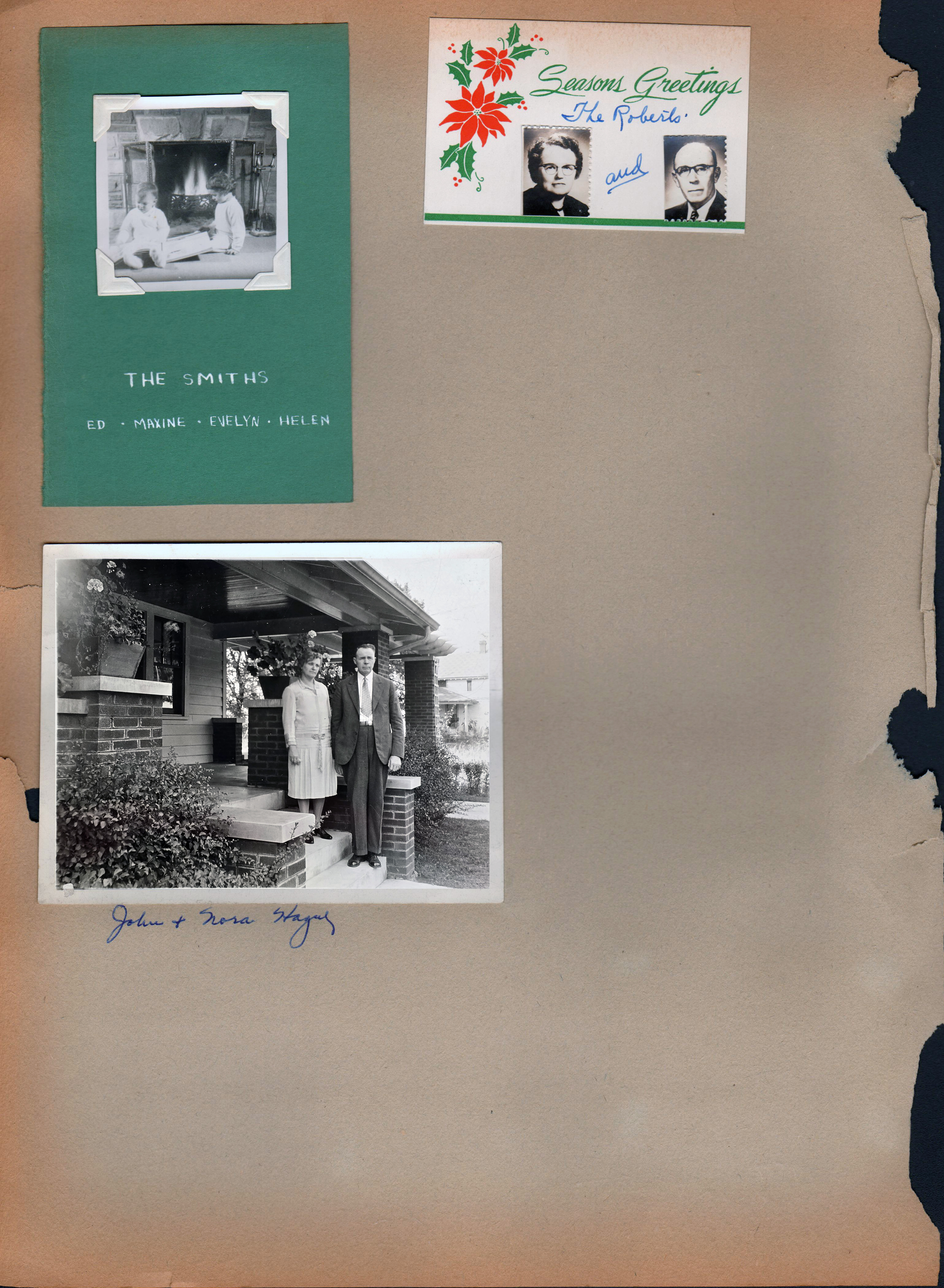 Christmas cards - The Smiths (Ed, Maxine, Evelyn, Helen). The Roberts' Edna and Russell. John and Nora Hague on front steps at 6170 Guilford