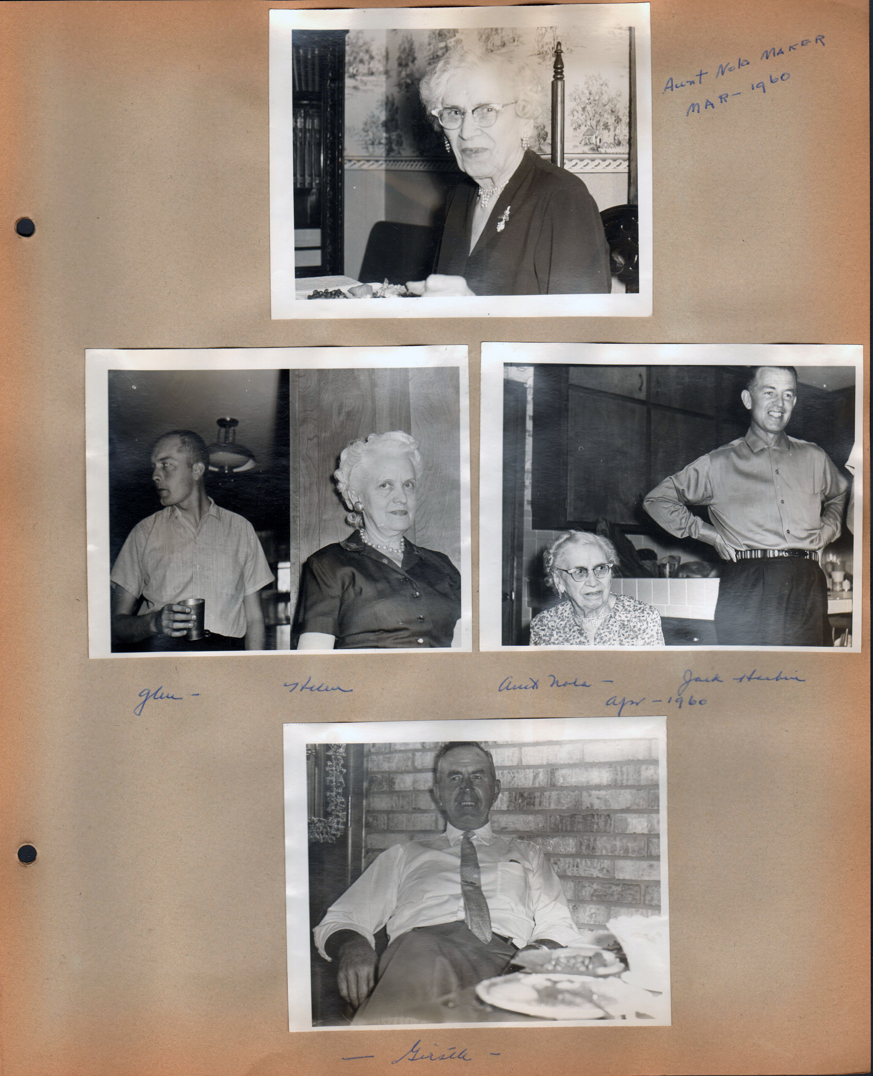 Aunt Nola Maker (Underwood) Mar 1960. Glen and Helen. Aunt Nola - Jack Harbin Apr 1960. Girstle.