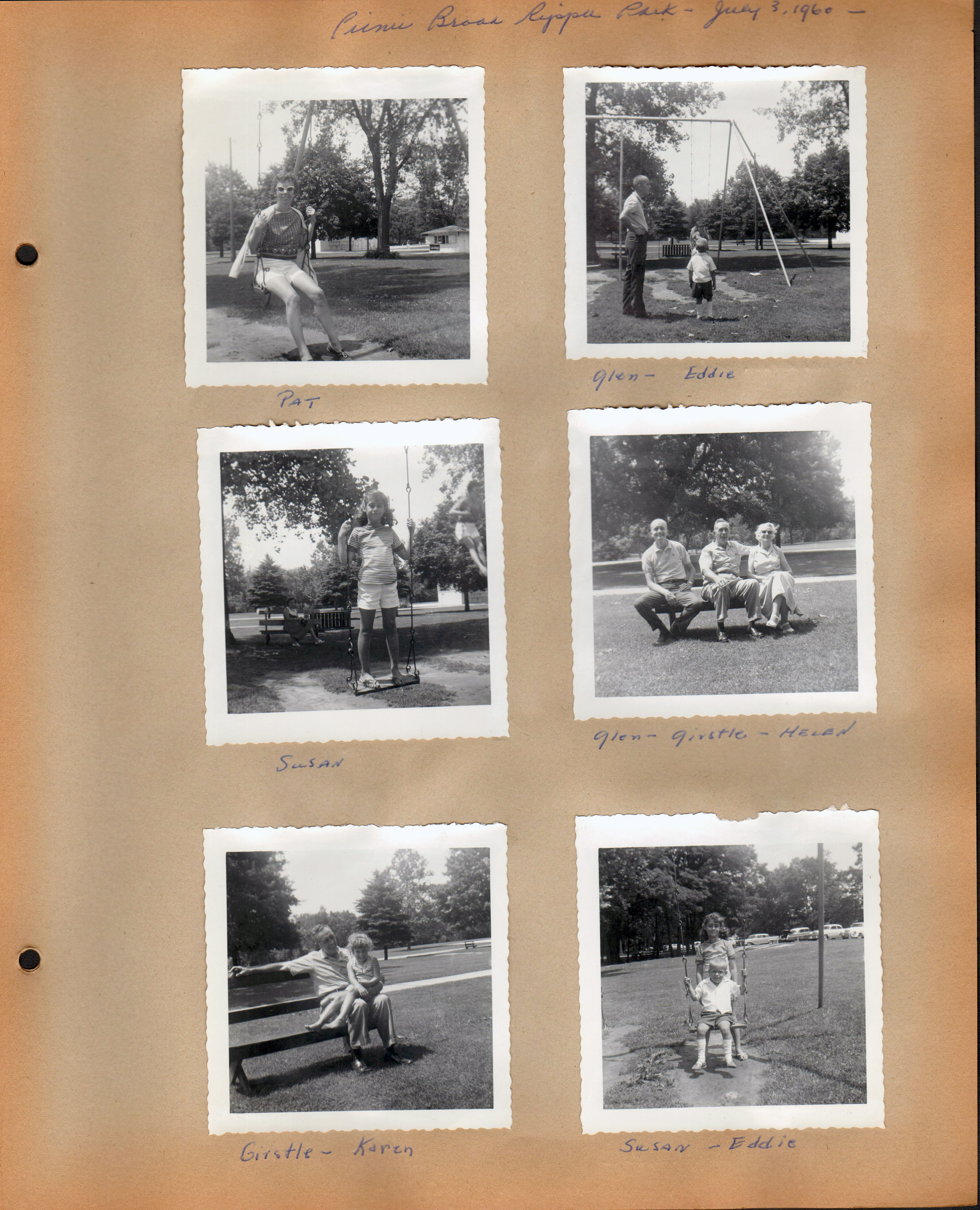 Picnic Broad Ripple Park (hot dog stand) - July 3, 1960 - Pat. Glen - Eddie. Susan. Glen - Girstle - Helen on park bench. Girstle - Karen on bench. Susan - Eddie on swings.
