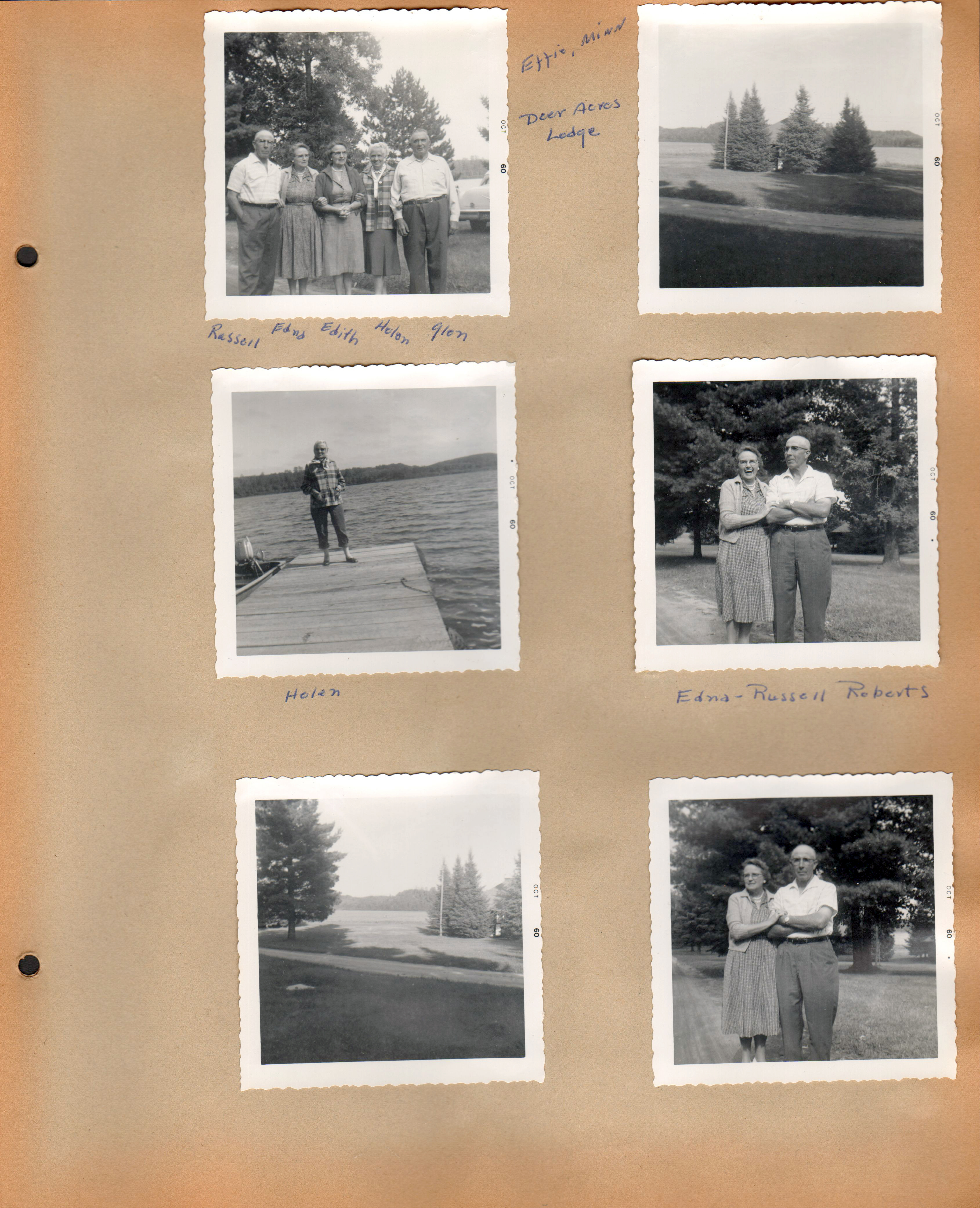 Deer Acres Lodge Effie, Minn. - Russell, Edna, Edith, Helen, Glen. Helen on pier. Edna + Russell Roberts.
