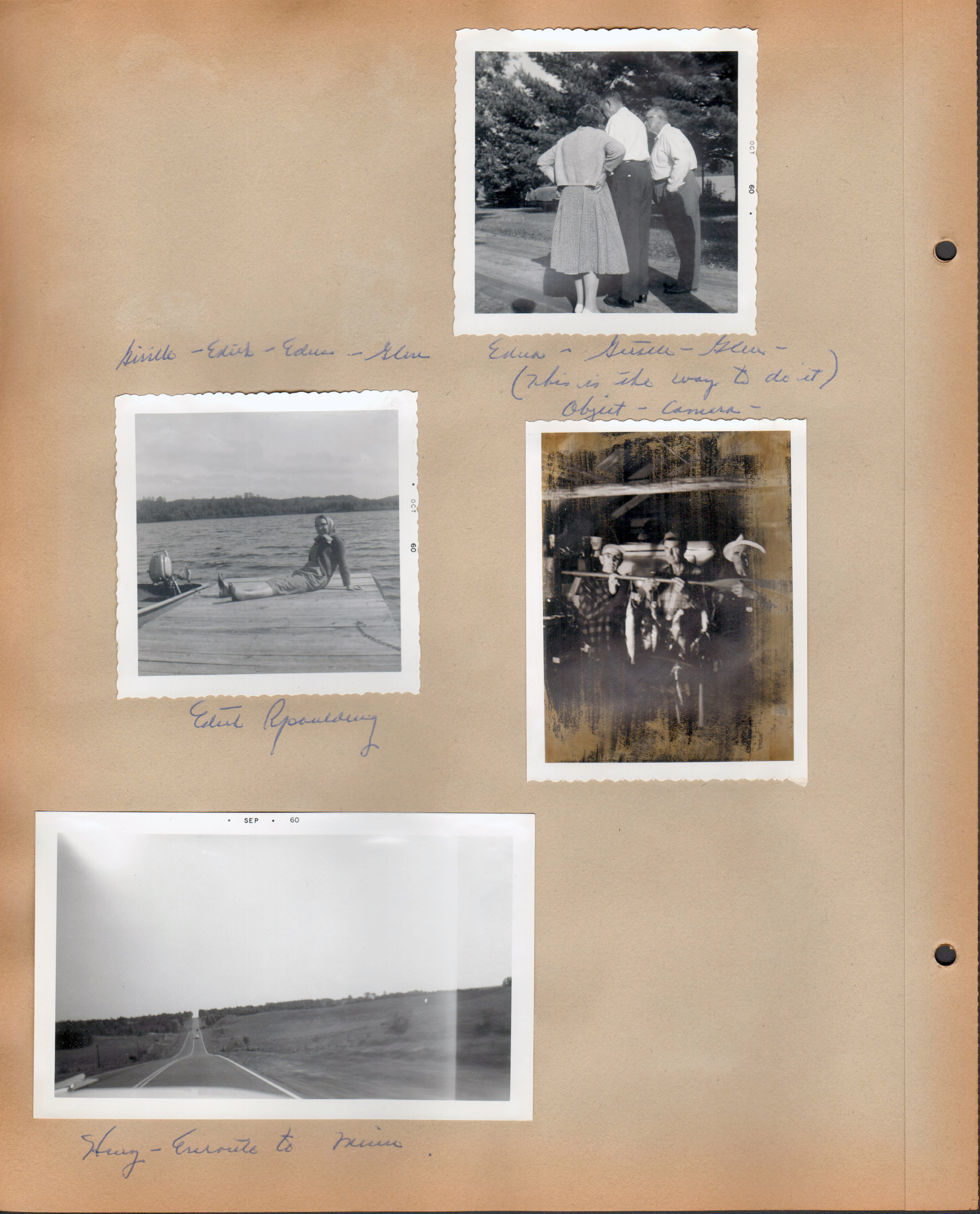 Edna - Girstle - Glen (This is the way to do it) object - camera. Edith Spaulding. Russel, Girstle and Glen holding fish. Hwy - enroute to Minn