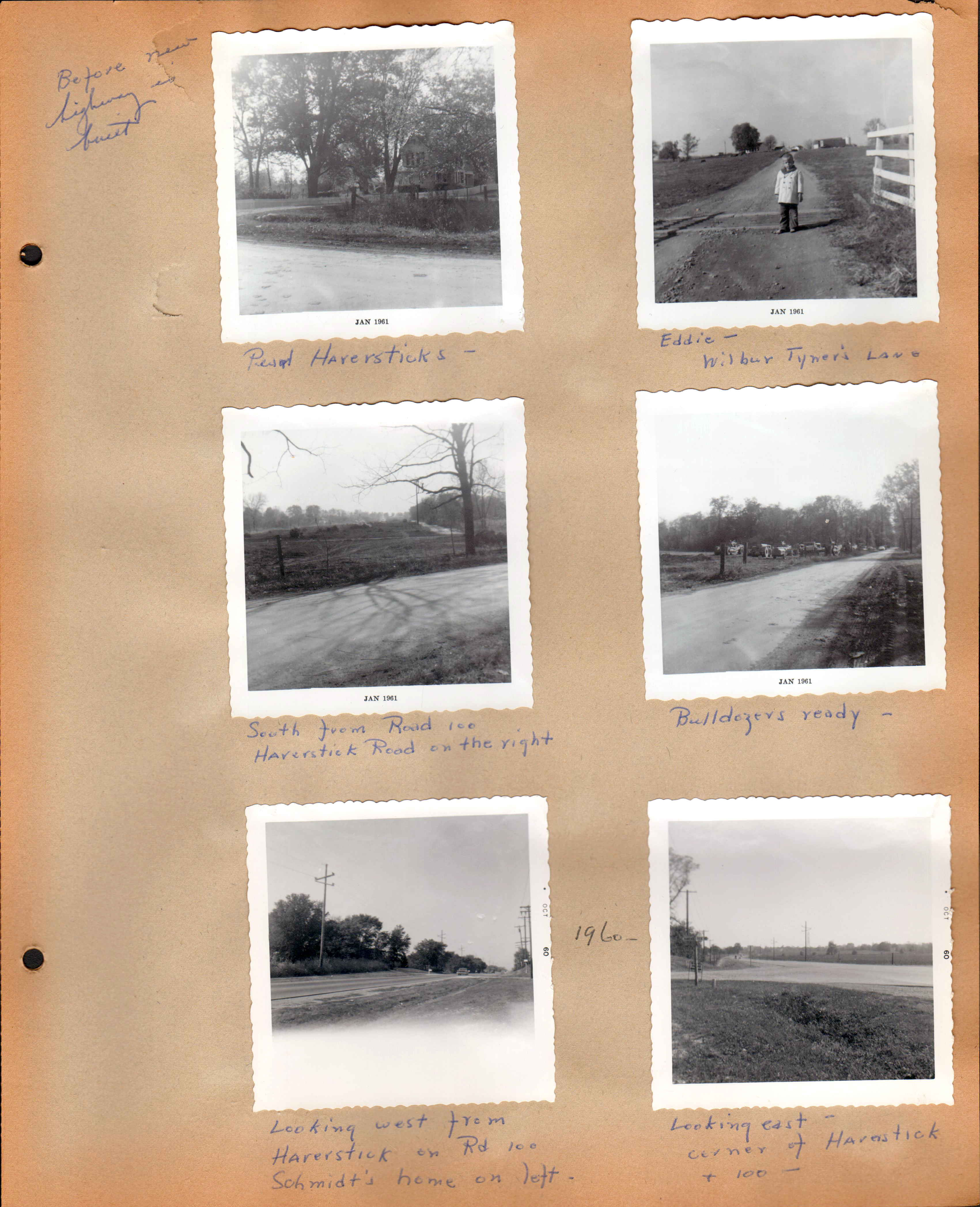 Jan 1961 - Before new highway is built (Keystone Avenue). Pearl Haverstick's house. Eddie - Wilbur Tyner's Lane. South from Road 100 (86th) Haverstick Road on the right. Bulldozers ready. Looking west from Haverstick on Rd 100 - Schmidt's home on left.  Looking east - corner of Haverstick + 100 (86th)