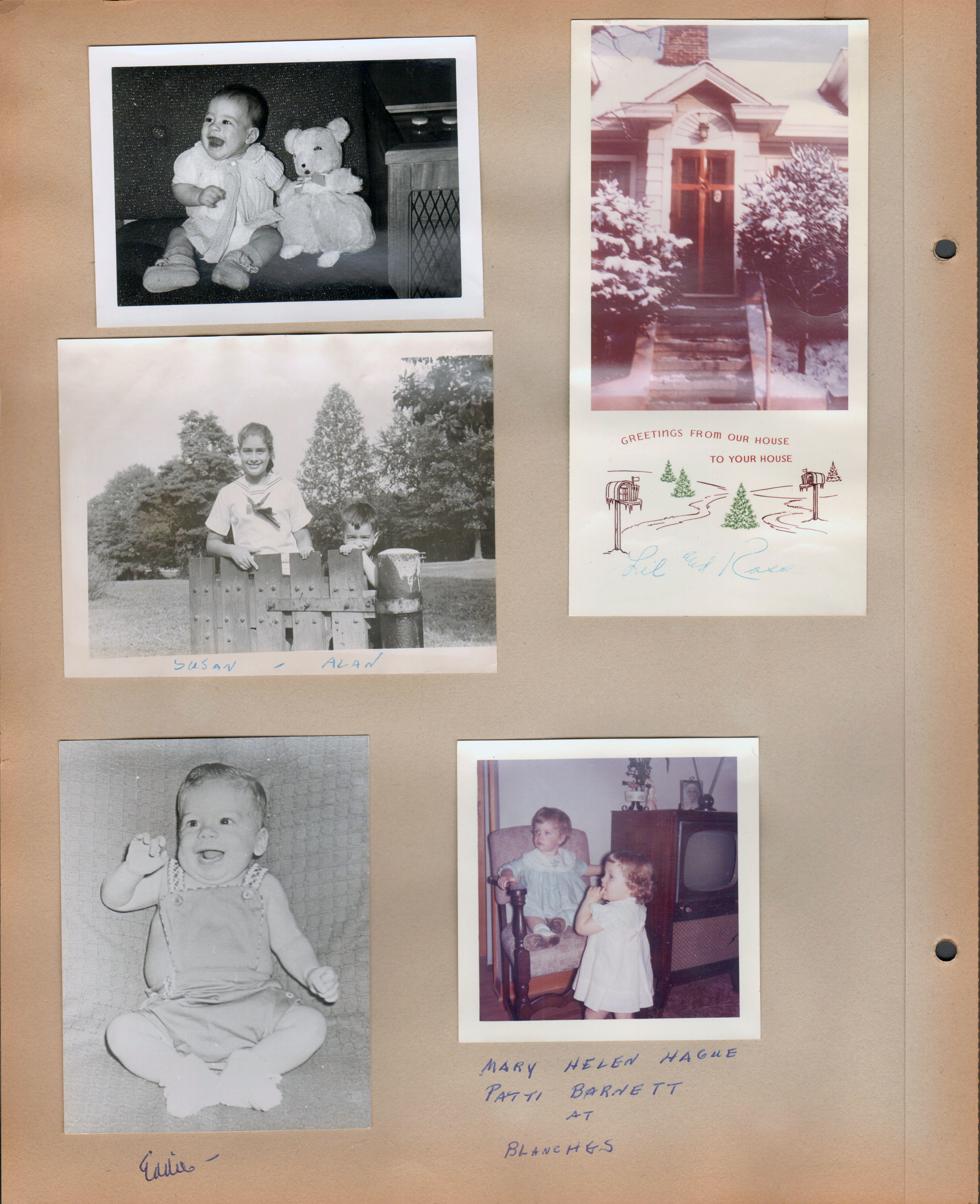baby with stuffed toy. Susan and Alan at park. Eddie. Mary Helen Hague and Patti Barnett at Blanche's. Christmas card - Lil and Ross?