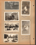6122 driveway side of house John on tricycle with American flag. Driveway on front of garage John pushing Glen in Arvin Ace? wagon. Migg pulling John and Glen in sled in snow at 6122 with Girstle. 1932 - Cac and John with snowman. Helen (mom) and John behind house with toy milk truck. With Blanche Smith.