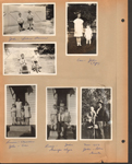 6122 at garage - John and Lillian Dawson (Arman's daughter) playing basketball. Riding fire engine and tricycle. Clarellen, Russie, Cac, John on steps by door (likely 6170 Guilford). 6122 front yard Cac with John (2 years) shrugging shoulders. Russie, John, Grandpa John E Hague (Nora inside) on steps by door (likely 6170 Guilford). November 1933 Girstle John with Glen on stool on Do Our Part war flyer in yard