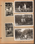 6122 yard - Glen riding a Chief fire engine toy, John on tricycle. on bicycle. Sitting on tree. on bench with Joe Whicker.