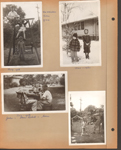 6122 yard - Joe Whicker, John and Glen climbing gym. January 1937 in snow at side of house. July 1938 John, Doris Roberts (Jesse and Mabel's daughter) and Glen at 6122 eating at table in yard. by picket fence garden gate.