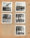 8815 in front of barn - Woody station wagon, Glen and boat. Girstle. Blacksmith Shop in Carmel, Indiana - new elevator. Franklin, Archie and George Kerr. Archie, Girstle, and George Kerr.