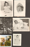 loose photos - Karen. May 8 1957 Eddie Hague 3 wks 3 day. Ed at lake Wawasee. Susan and Karen Christmas tree