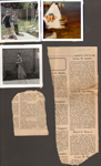 loose photos - 6122 Apr 69 - Karen and Ronna in yard - swing set. Woman on pier at Wawasee. Church Seiy? grandmother Martha Dawson's wedding dress. Edith Spaulding obit 
