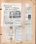 newspaper clipping - Smiths 50th. newspaper clipping - Glen Don Hinds ad. newspaper clipping - 101 acres bought for new Lawrence school. newspaper clipping -  Dr Earl Spaulding obit.
