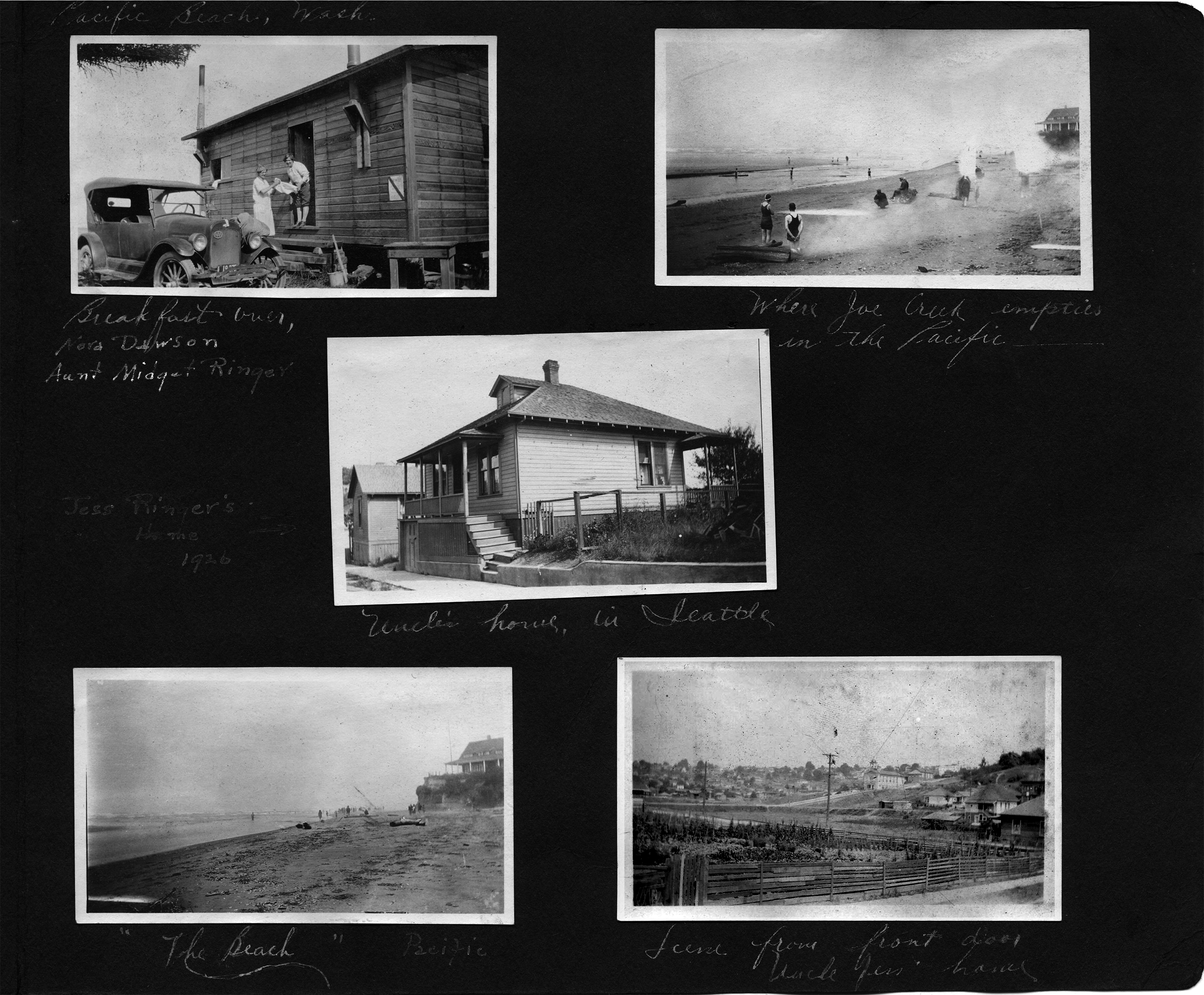 Pacific Beach, Wash. Breakfast over, Nora Dawson, Aunt Midget Ringer / Jess Ringer's home 1926 / Uncle's home in Seattle / The beach - pacific / Where Joe Creek empties in the Pacific / Scene from front door uncle Jess' home. 