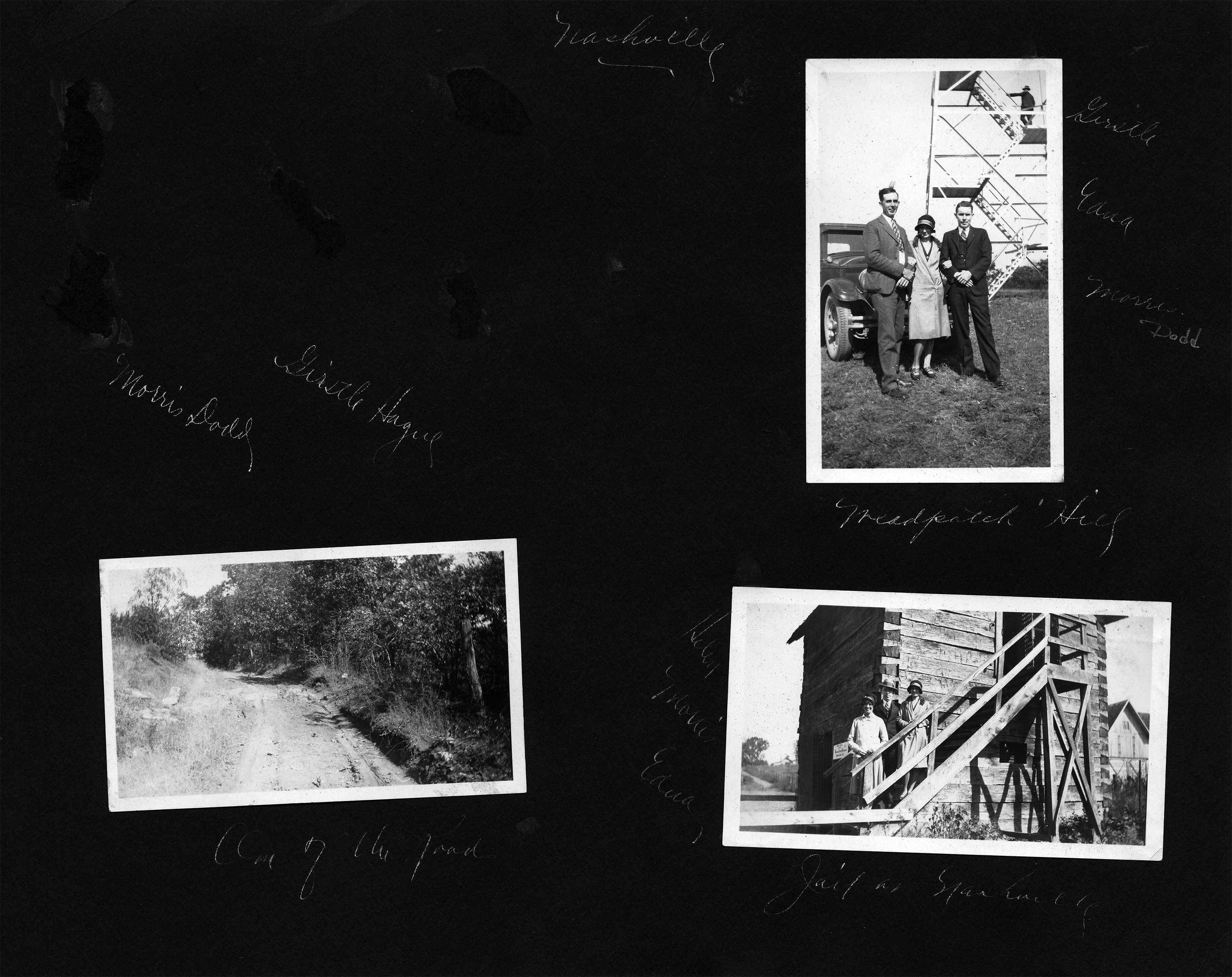 Nashville / Morris Dodd, Girstle Hague (photo missing) / Girstle, Edna, Morris Dodd - Weedpatch Hill / One of the roads / Helen, Morris, Edna - Jail in Nashville