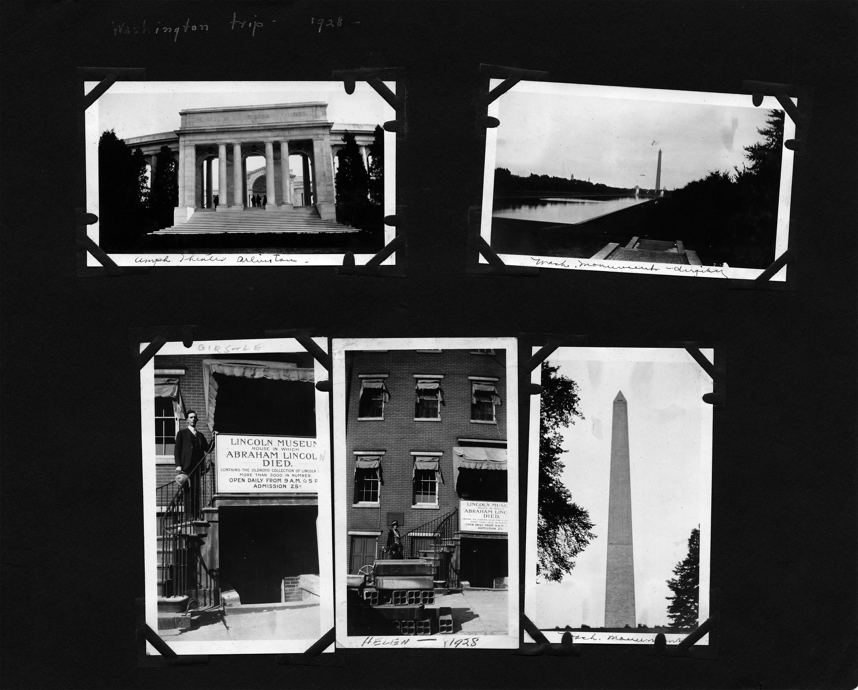 Washington Trip 1928 / Amph Theater Arlington / Wash. Monument _______(?) / Helen - 1928 / Wash. Monument