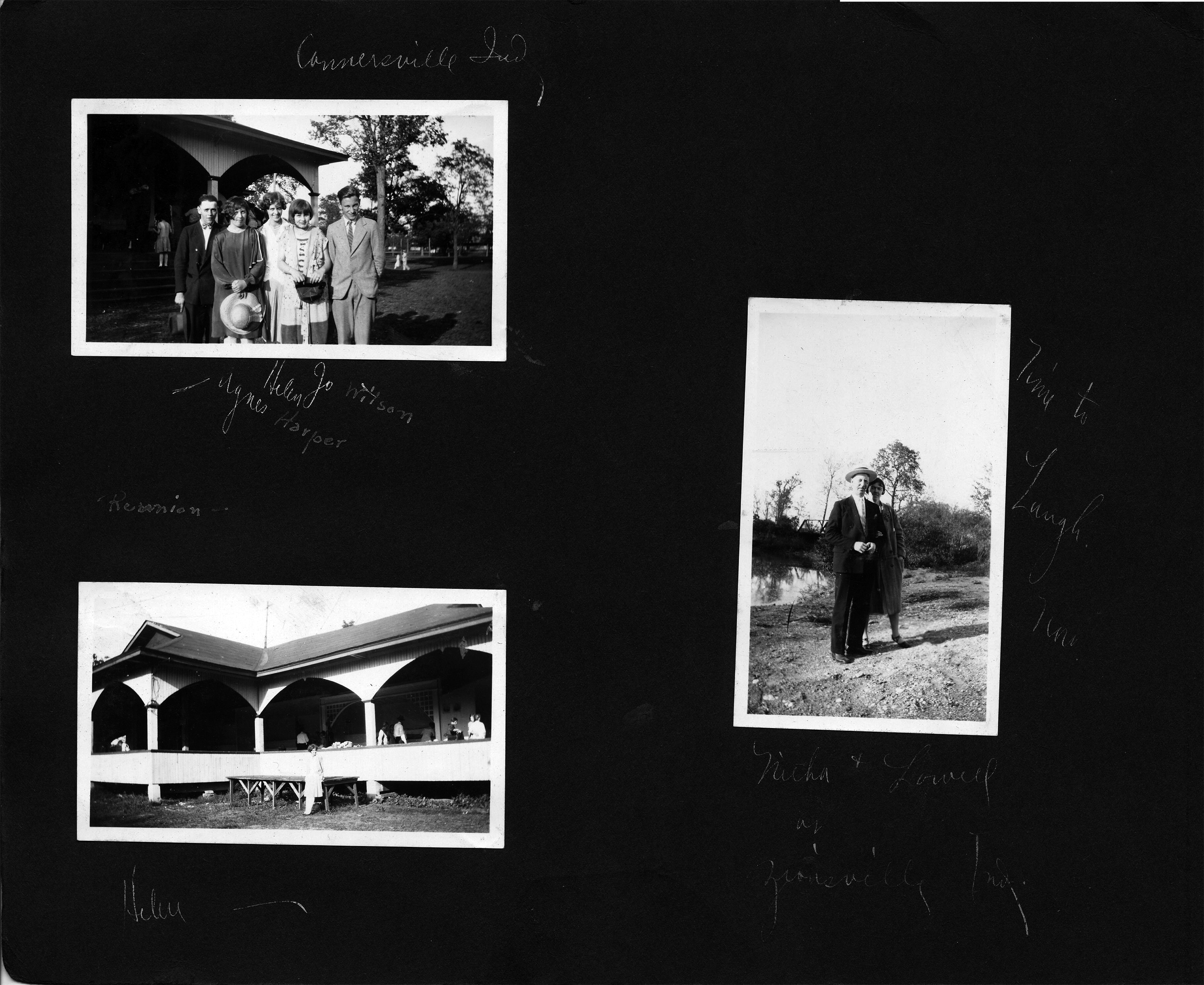 Connersville, Ind. / Agnes Harper, Helen, Jo Wittson / Reunion / Helen / Nitha + Lowell at Zionsville, Ind. / Time to laugh. _____ (?)