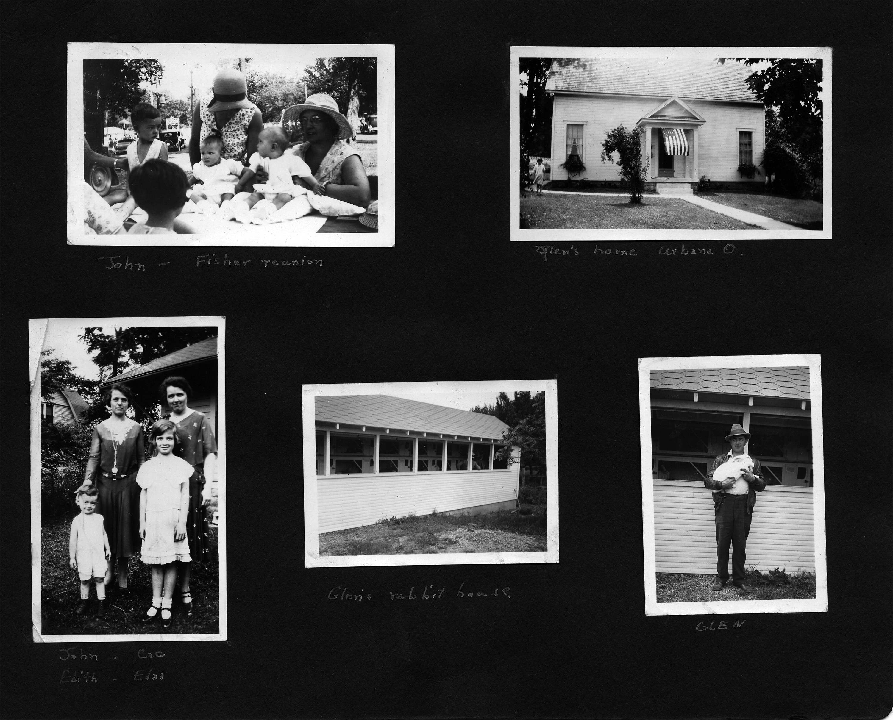 John - Fisher Reunion / Glen's home - Urbana, O. / John - Cac - Edith - Enda / Glen's rabbit house / Glen
