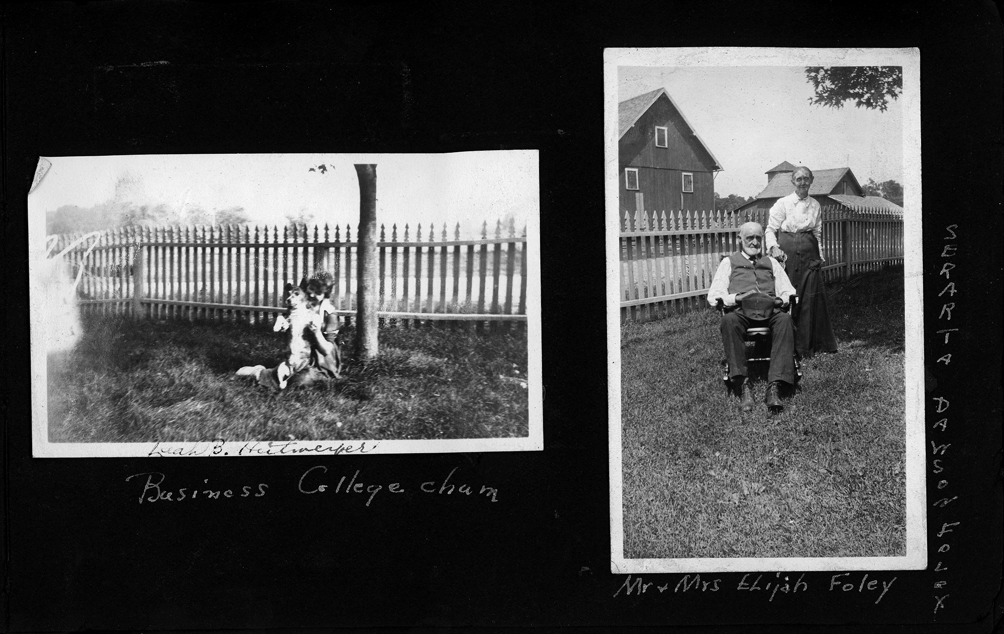 Leah B. Heitmeyer (?) Business College chum / Mr. + Mrs. Elijah Foley - Serarta (Serepta?) Dawson Foley