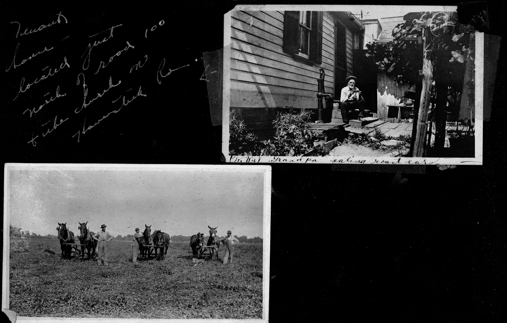 Tenant house located just north of Road 100 + the church in Haverstick Road / W. Pa. Grand Pa eating roast ears