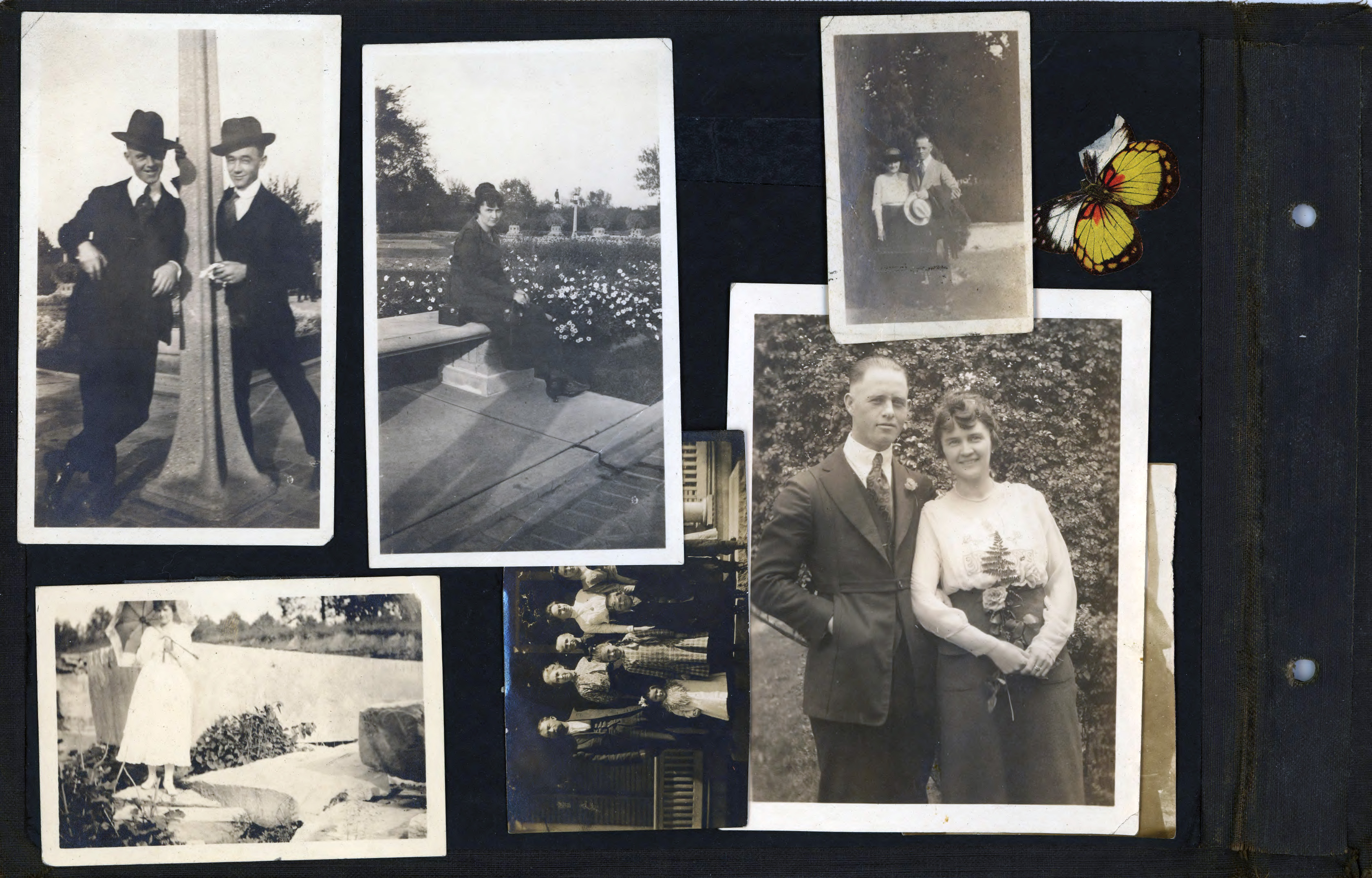 Curt Letsinger and John Graf (Graff - Josephine's brother). Vonnie E Smith Letsinger on bench. Vonnie with parasol. Curt and Vonnie