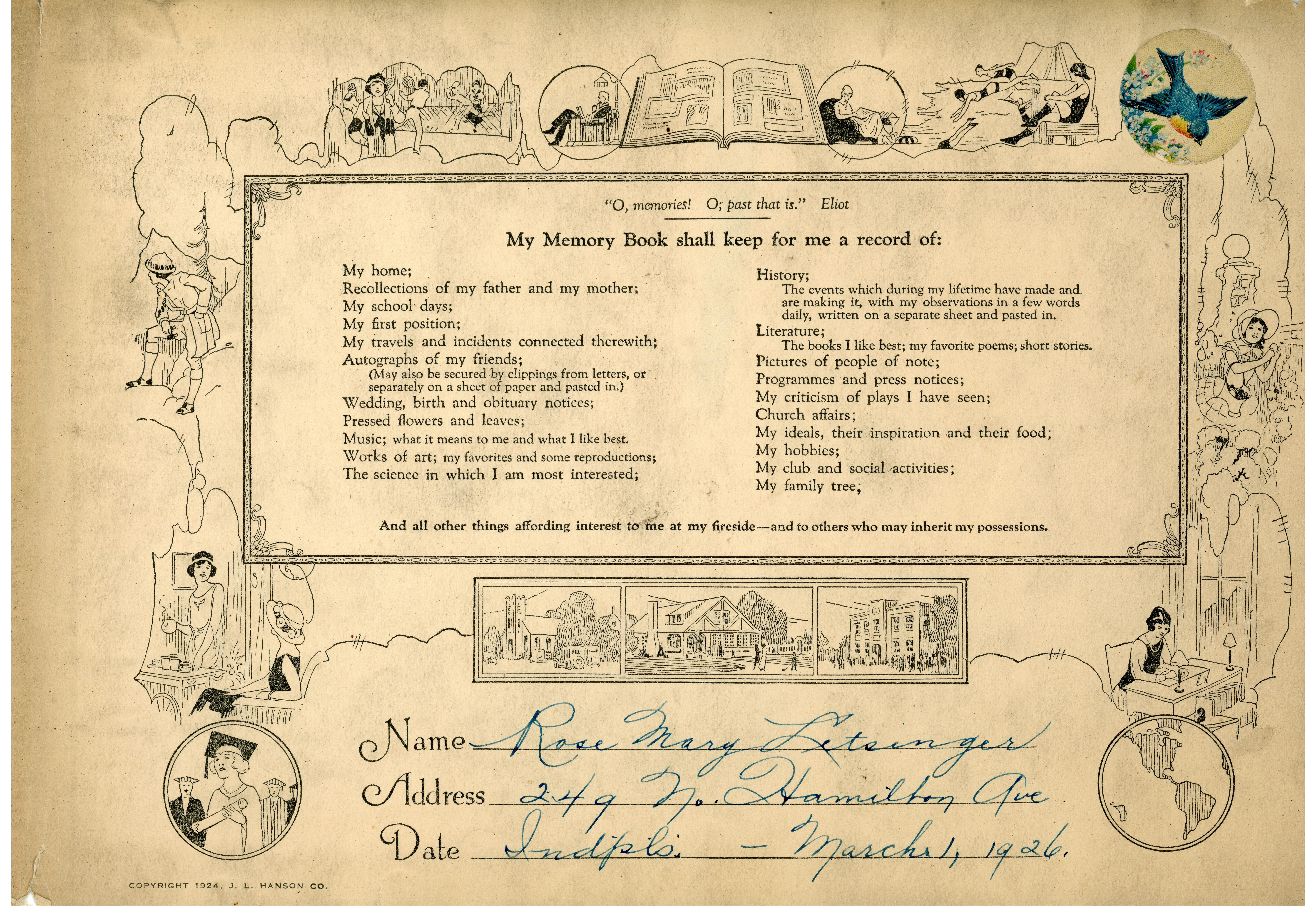 title page - Rosemary Letsinger - 249 N. Hamilton Ave - March 1, 1926