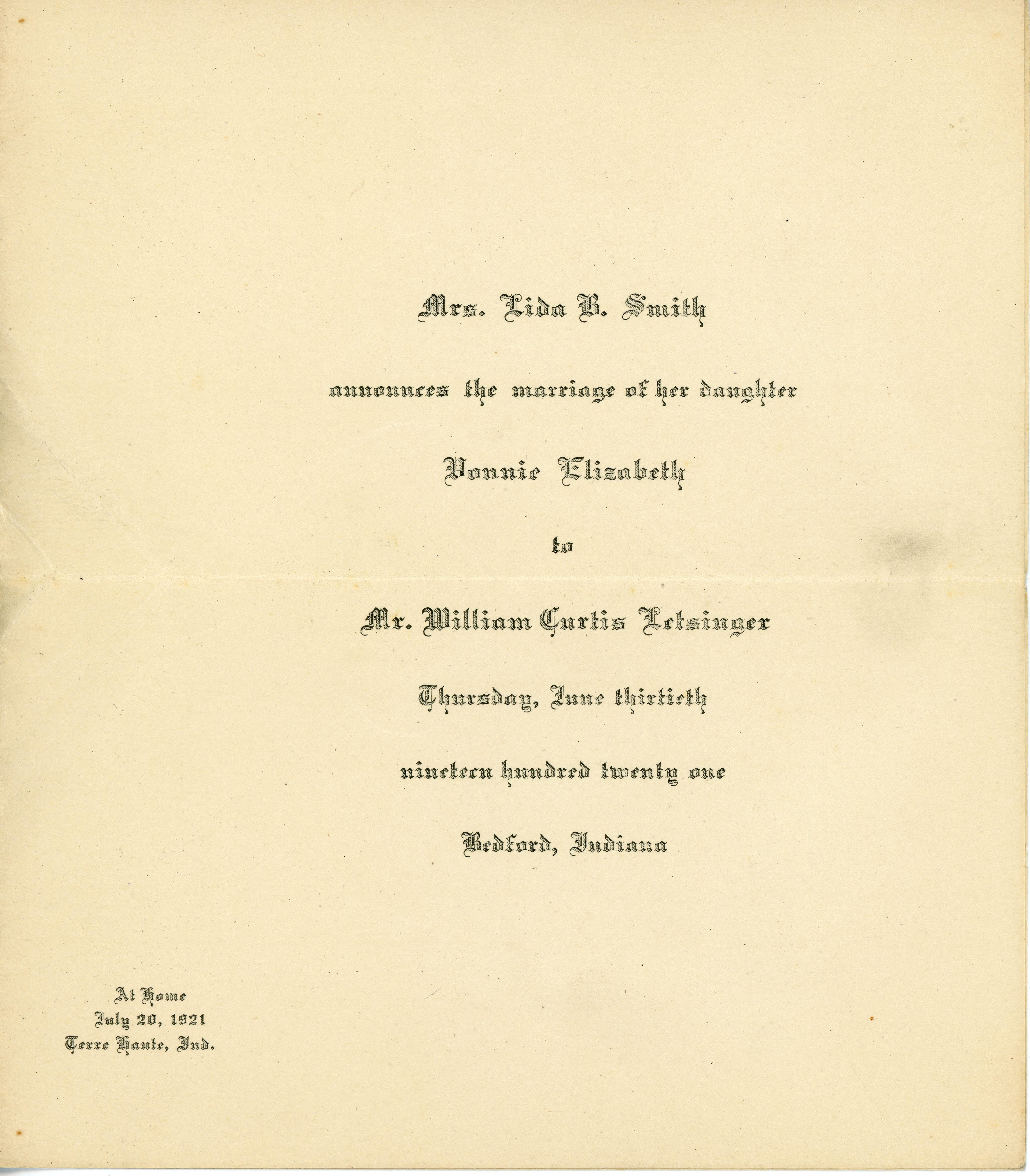 Vonnie and Curt wedding invitation 1921 - Bedford, Indiana