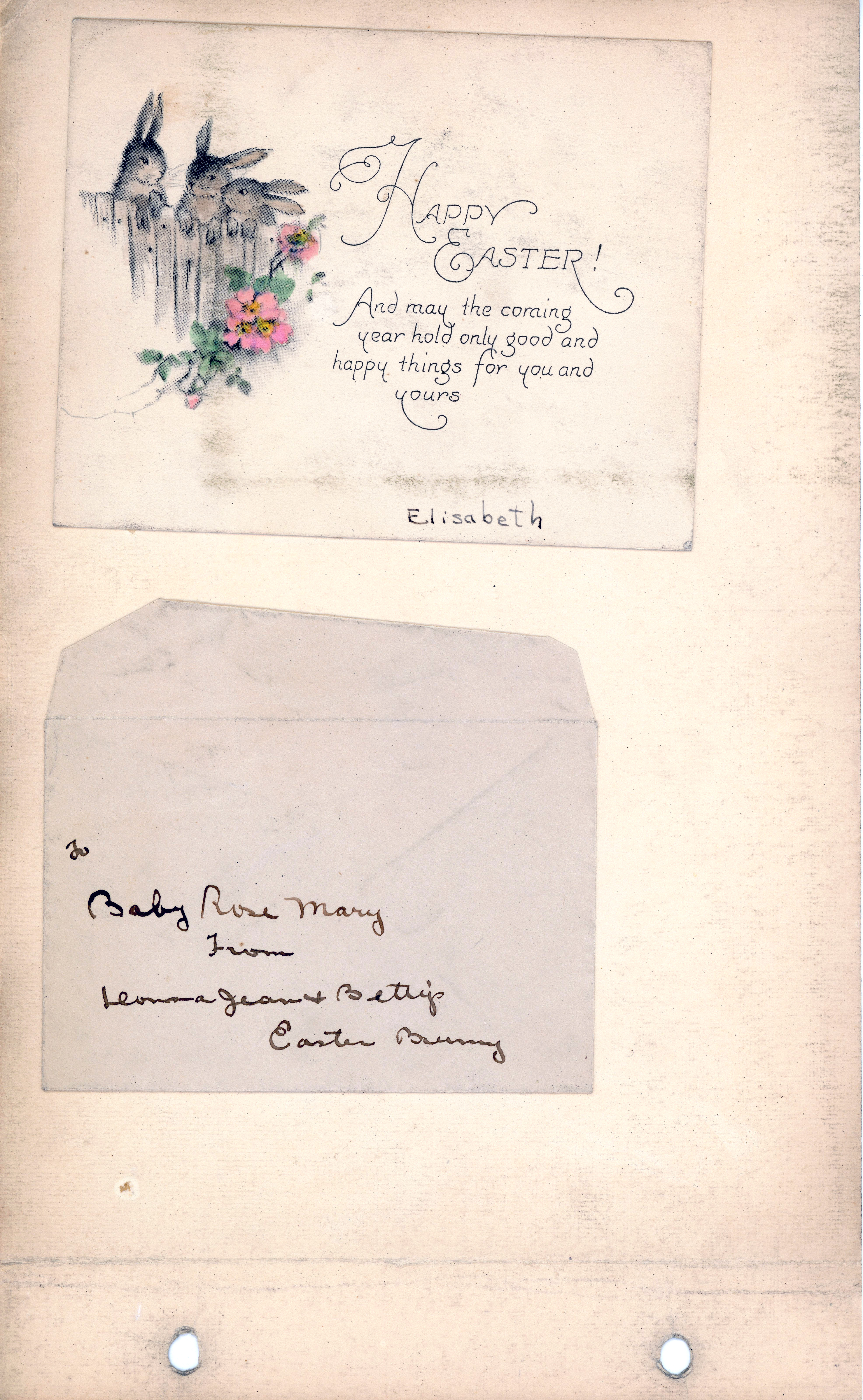 Happy Easter card from Elizabeth. Envelope to Baby Rose Mary from Donna Jean + Betty's Easter Bunny