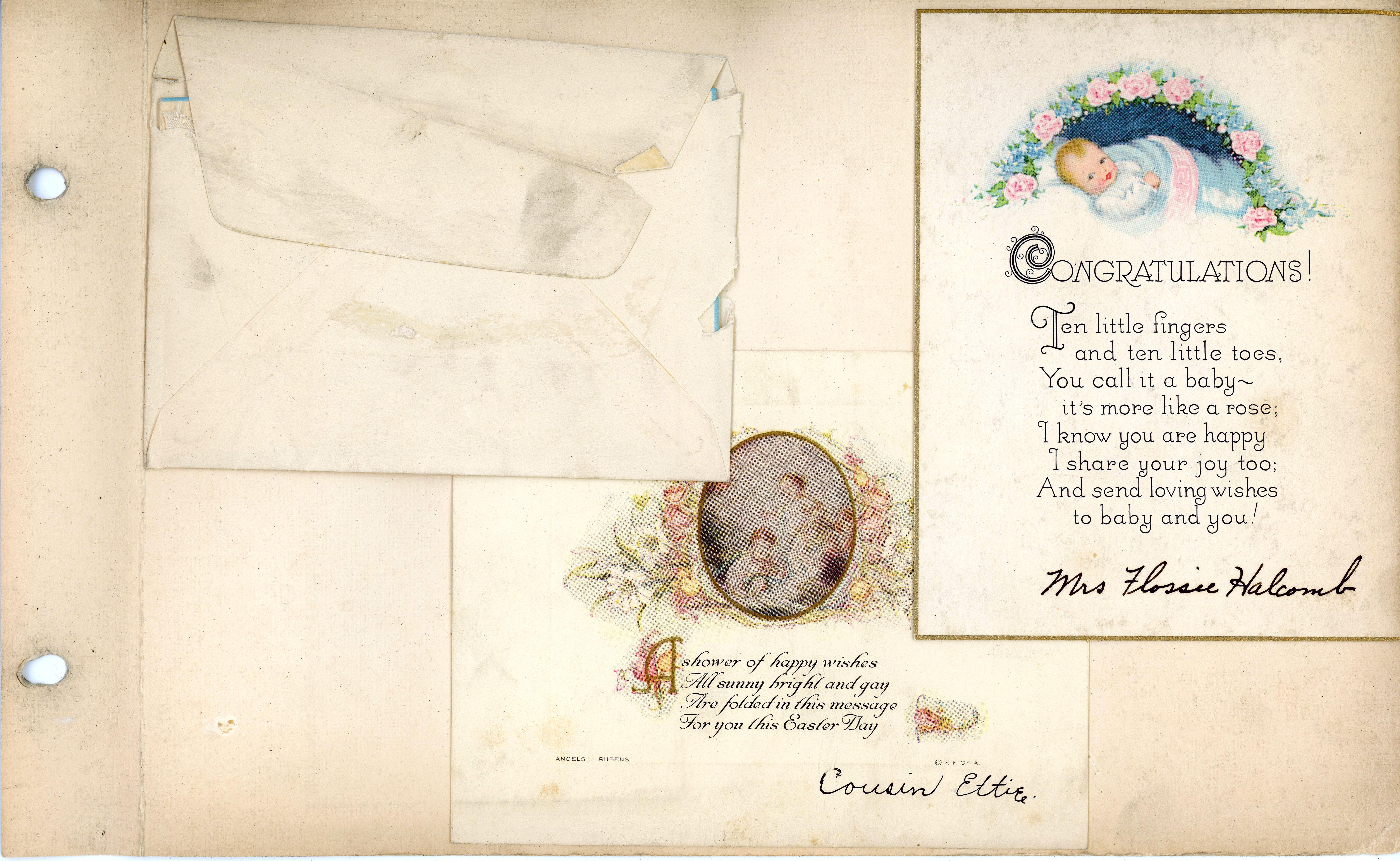 Cards - Congratulations from Mrs Flossie Halcomb. Easter from Cousin Ettie.
