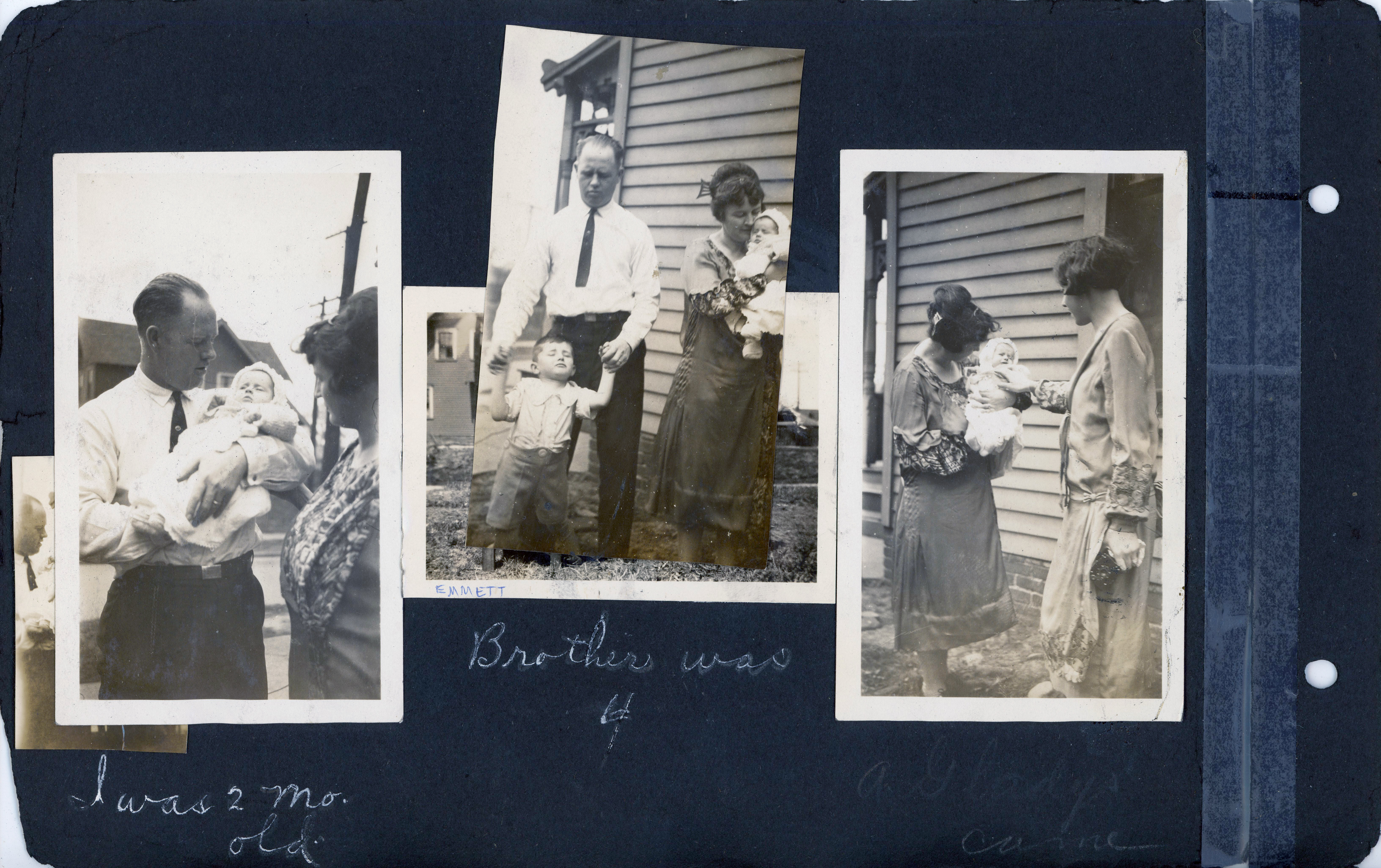I was 2 mo. old. Brother was 4. A (aunt?) Gladys came. Curt holding Rosemary, Vonnie. Curt and Warren, Vonnie holding Rosemary - 1926