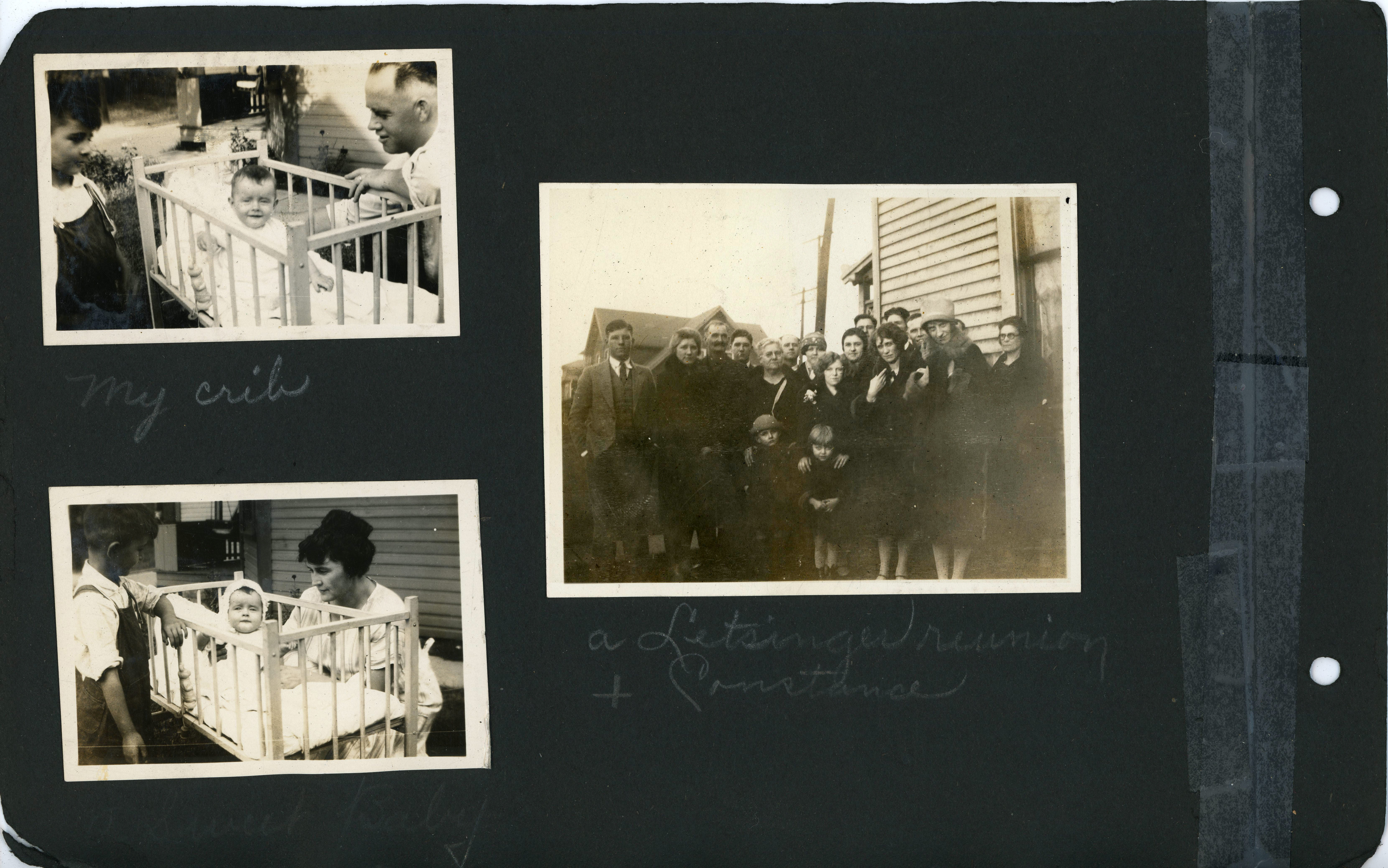Warren, Curt and Vonnie with Rosemary in crib. Letsinger Reunion + Constance. Rosemary's handwritten note: Bud (John Howard) Letsinger, Bonnie Barrick, Theodore Letsinger, Mutt (Clarence) Letsinger, Jane Letsinger, Curt Letsinger, Ruby Letsinger (Sheppard), Harriett Applegate, Lela (Aldea) Blair, Charles Letsinger, Tim (Walter Emmett) Letsinger, Flossie Holyhausen, Marshall Barrick, Constance and Earl Wilcox, Aunt Bev Letsinger, and Warren + Catherine.