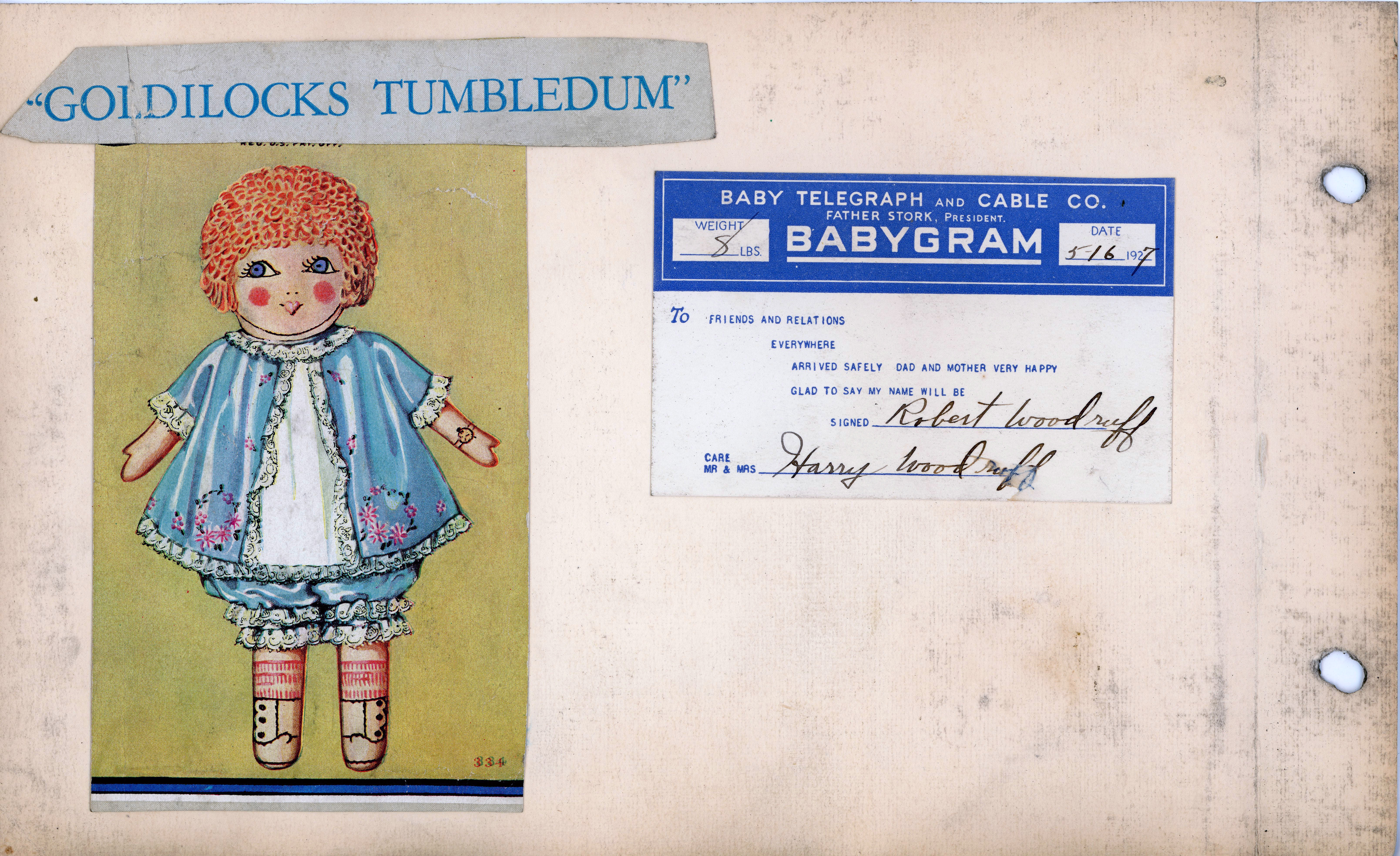 Birthday cards - Goldilocks Tumbledum. Babygram announcing birth of Robert Woodruff